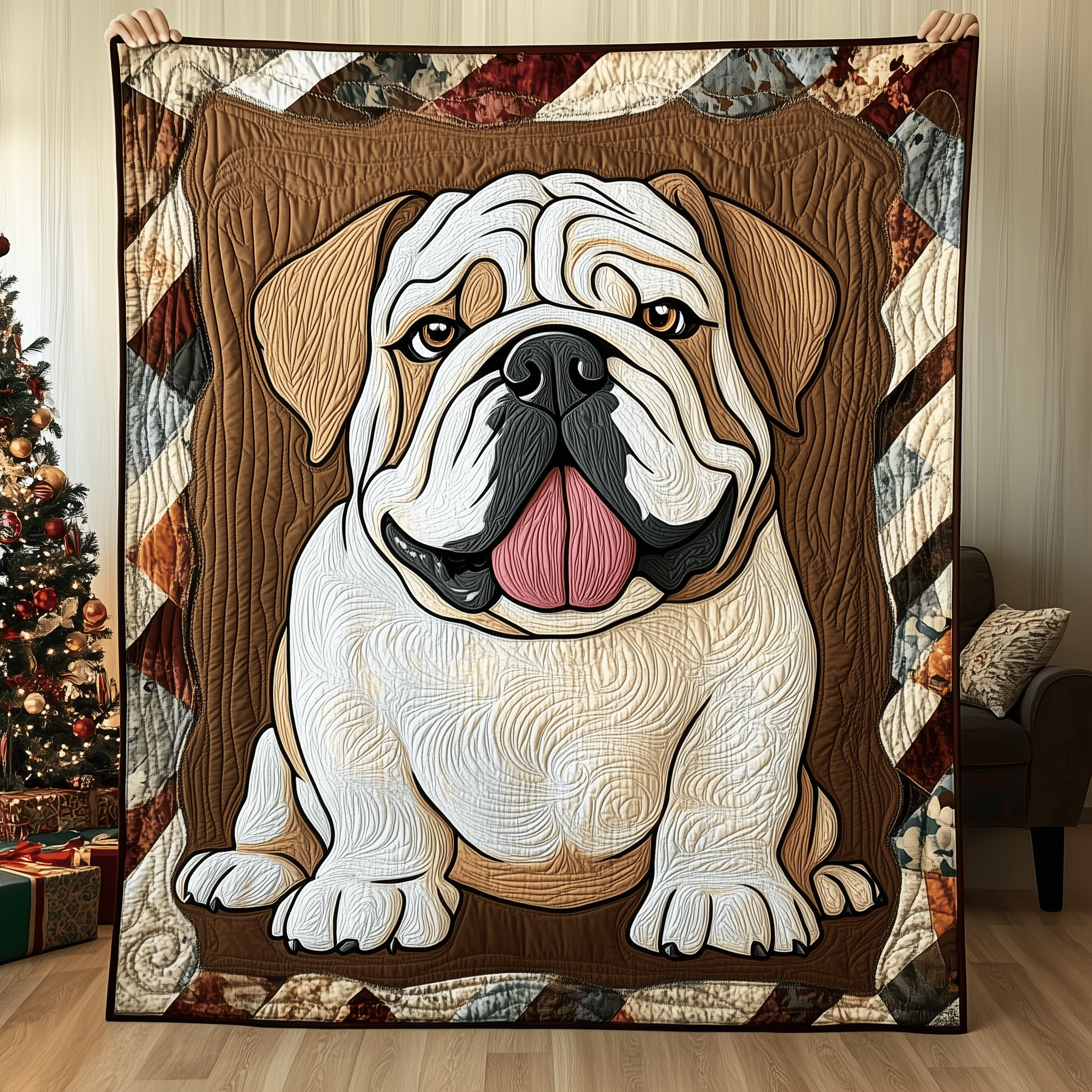 Winter English Bulldog Quilted Blanket Christmas Throw Blanket Best Gift for Dog Lovers