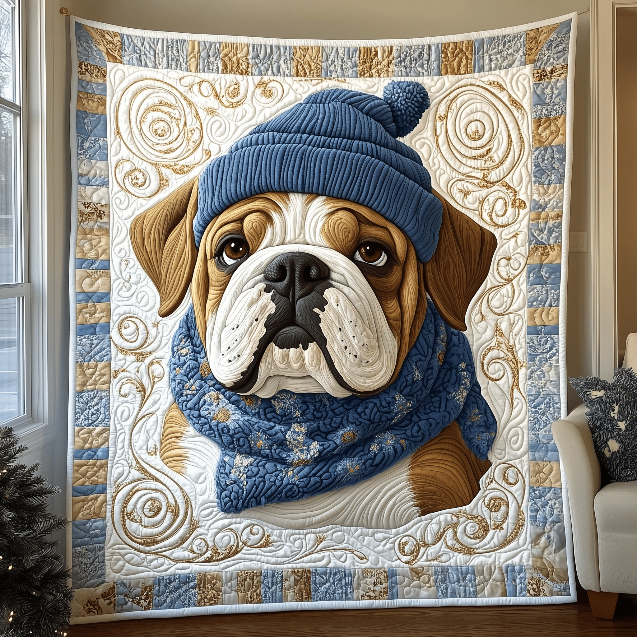 Winter English Bulldog Quilted Blanket Christmas Throw Blanket Christmas Presents For Wife