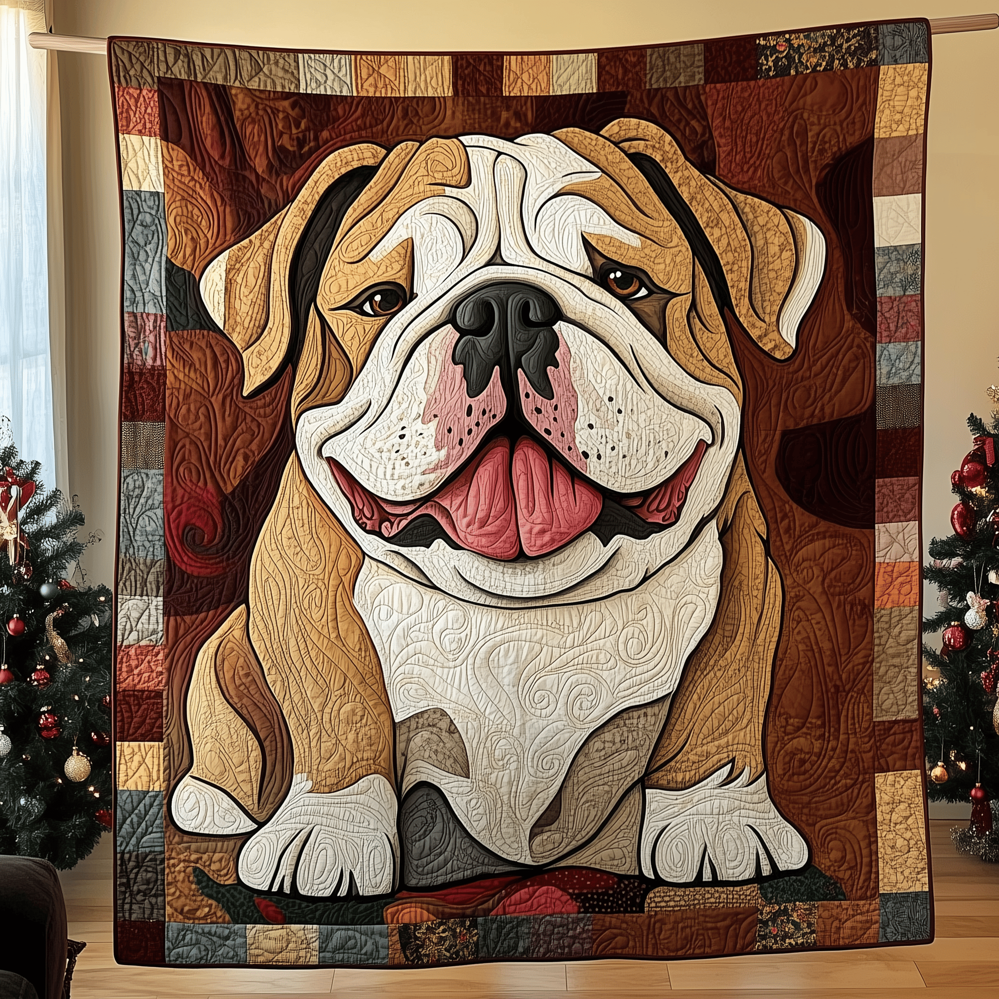 Winter English Bulldog Quilted Blanket Christmas Throw Blanket Cute Christmas Presents For Wife