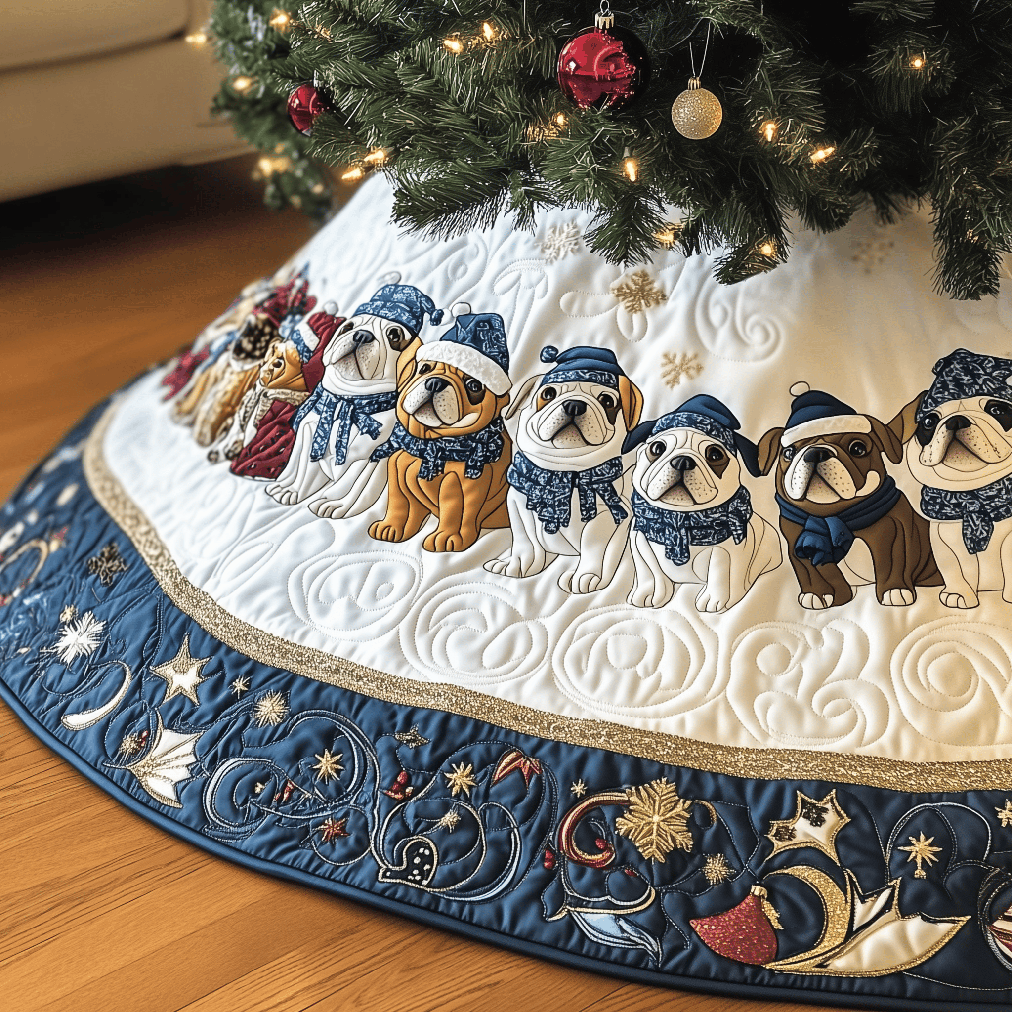 Winter English Bulldog Quilted Tree Skirt Antique Christmas Tree Skirt New Dad Christmas Gifts