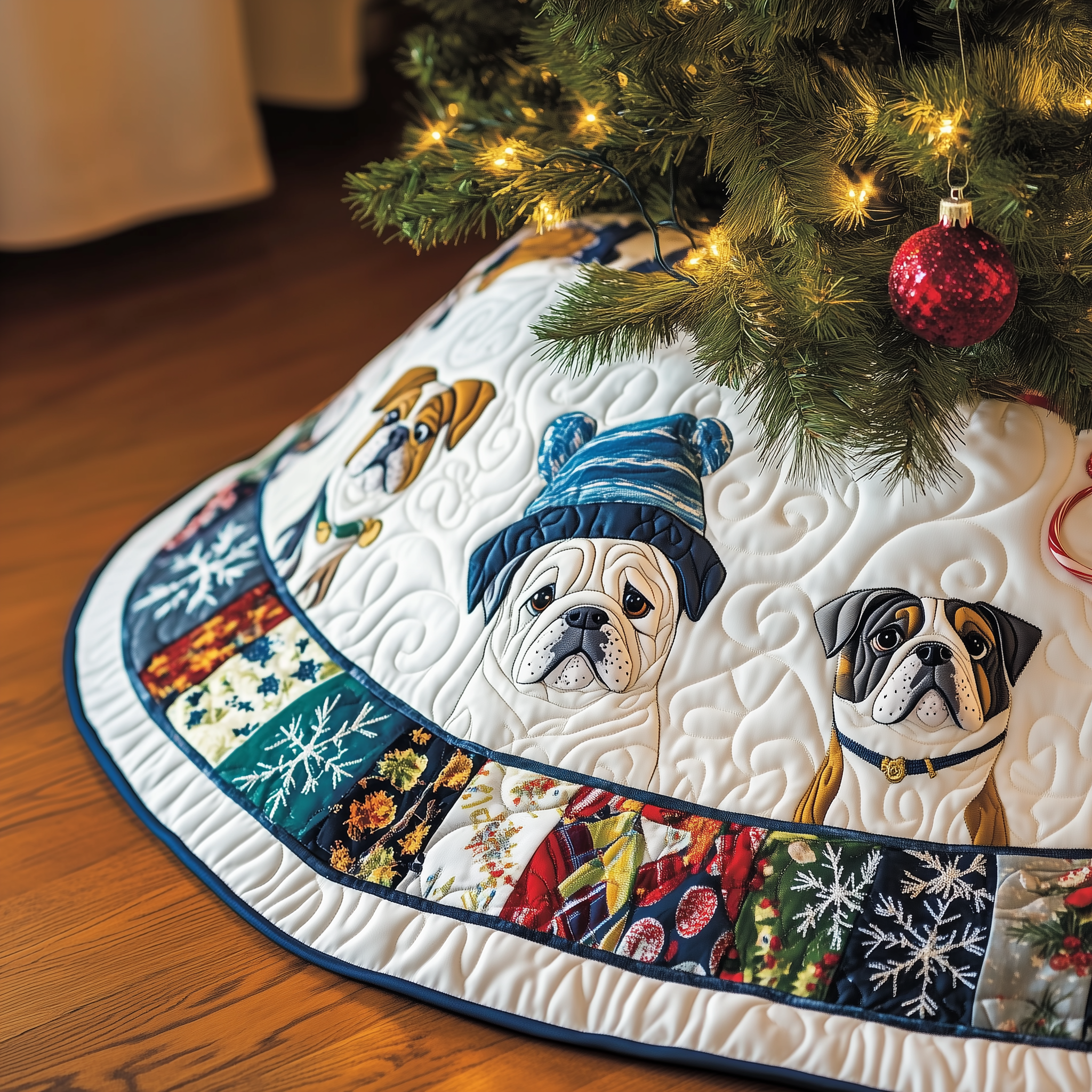 Winter English Bulldog Quilted Tree Skirt Beautiful Christmas Tree Skirt Merch