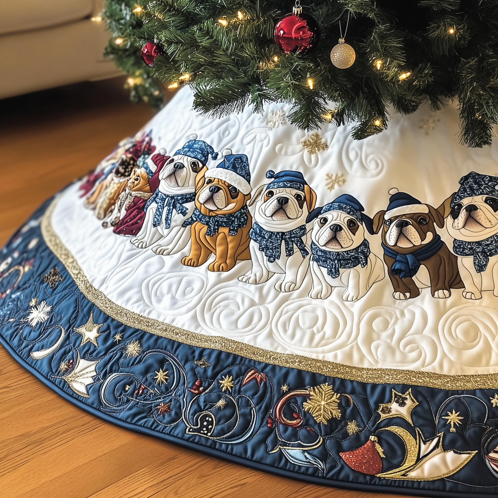 Winter English Bulldog Quilted Tree Skirt Charming Holiday Home Merch