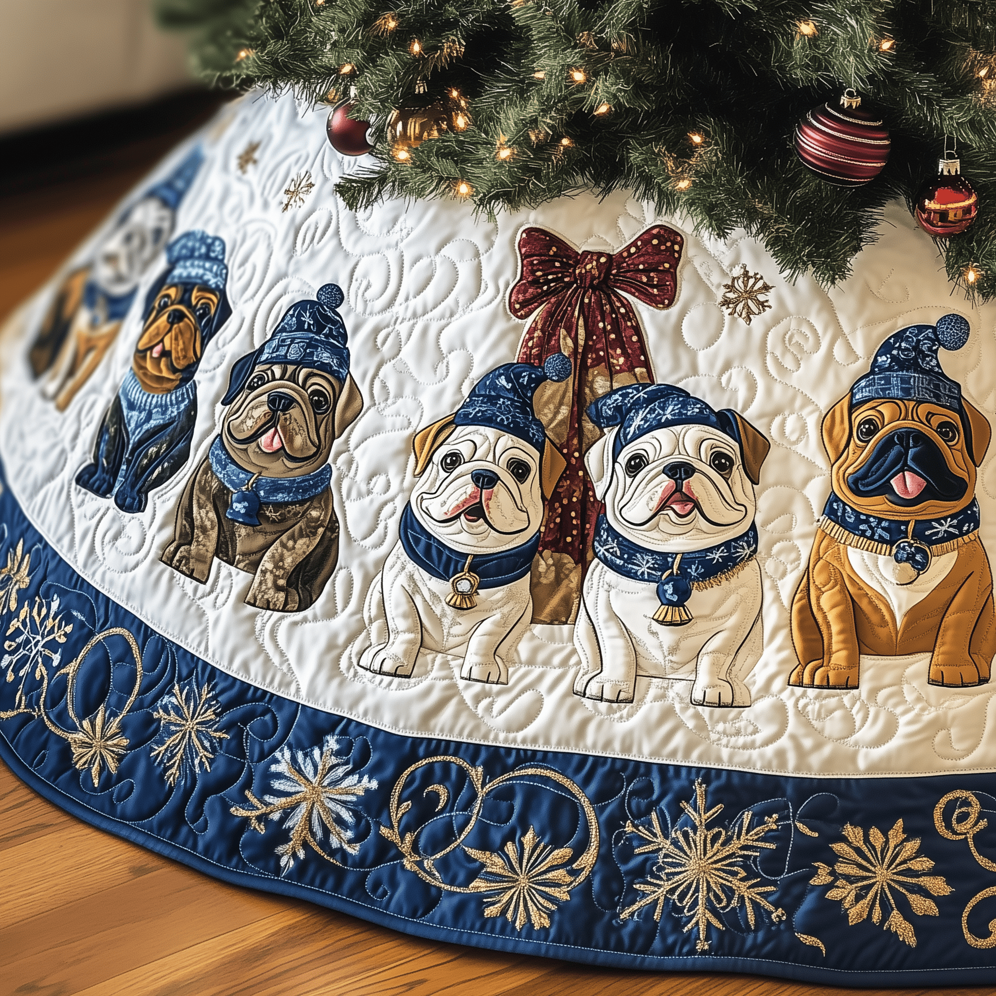 Winter English Bulldog Quilted Tree Skirt Christmas Tree Skirt Best Christmas Gifts For My Wife