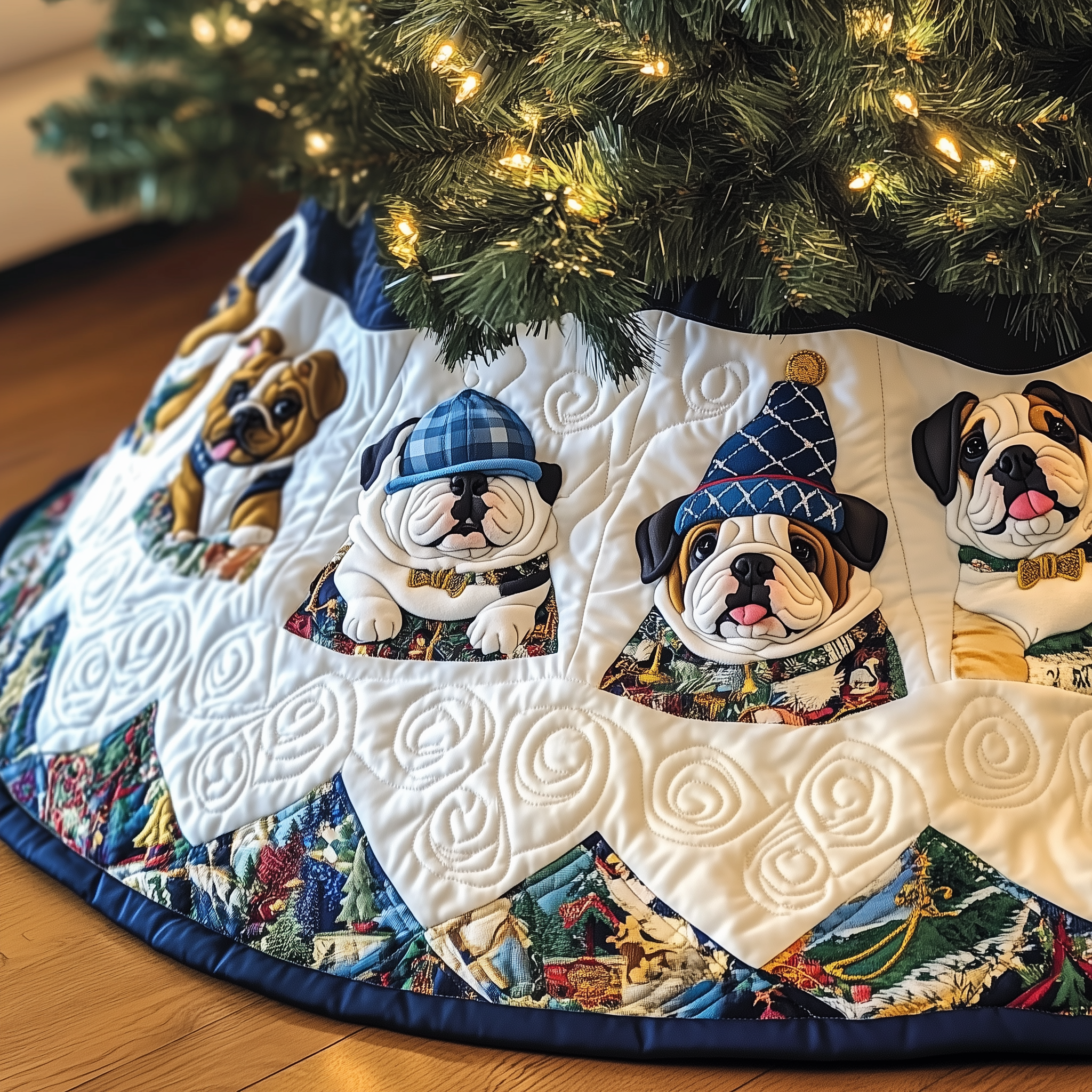 Winter English Bulldog Quilted Tree Skirt Warm Winter Home Merch