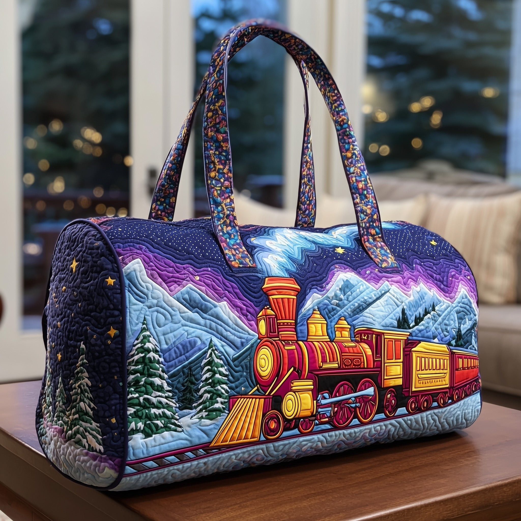 Winter Fantasy Train Quilted Duffle Bag Snowy Mountain Night Sky Best Gift For Train Fans
