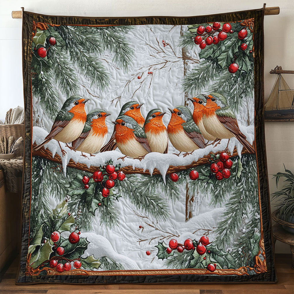 Winter Feast European Robin Quilt Blanket Best Throw Blanket Christmas Gifts For Bird Lovers