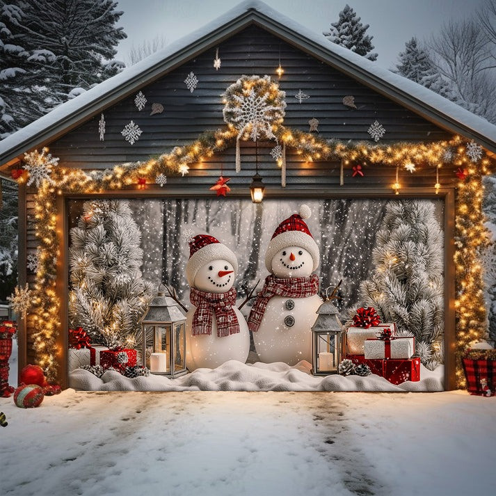 Winter Forest Cheerful Snowman Couple Christmas Garage Door Cover Xmas Outdoor Decor Gifts