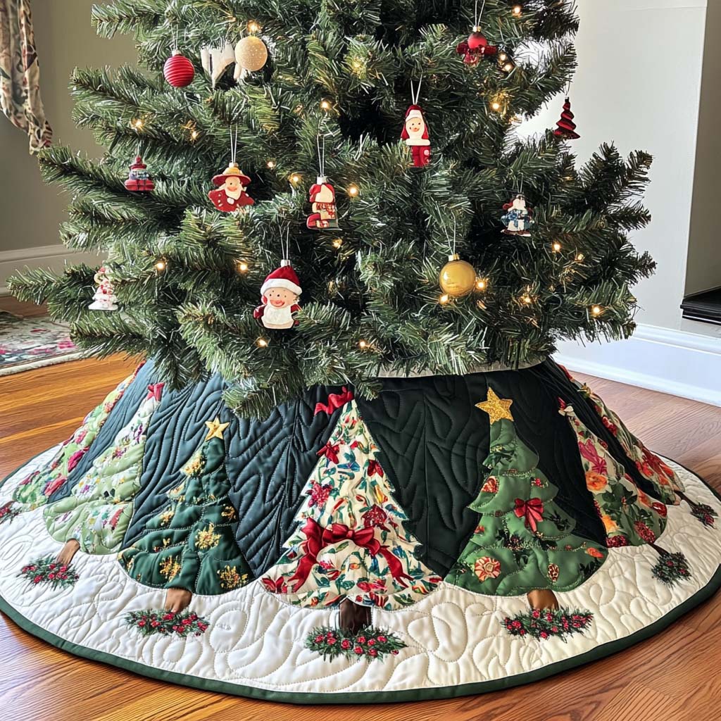 Winter Forest Magic Christmas Quilted Tree Skirt Holiday Tree Base Decoration Family Holiday Gathering Decor