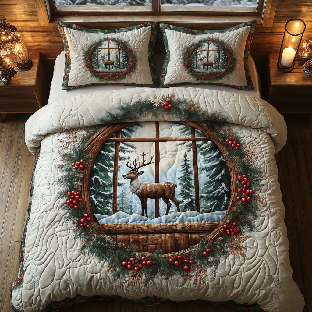 Winter Forest Majesty Quilted Bedding Set Holiday Duvet Covers Gifts For Deer Hunters