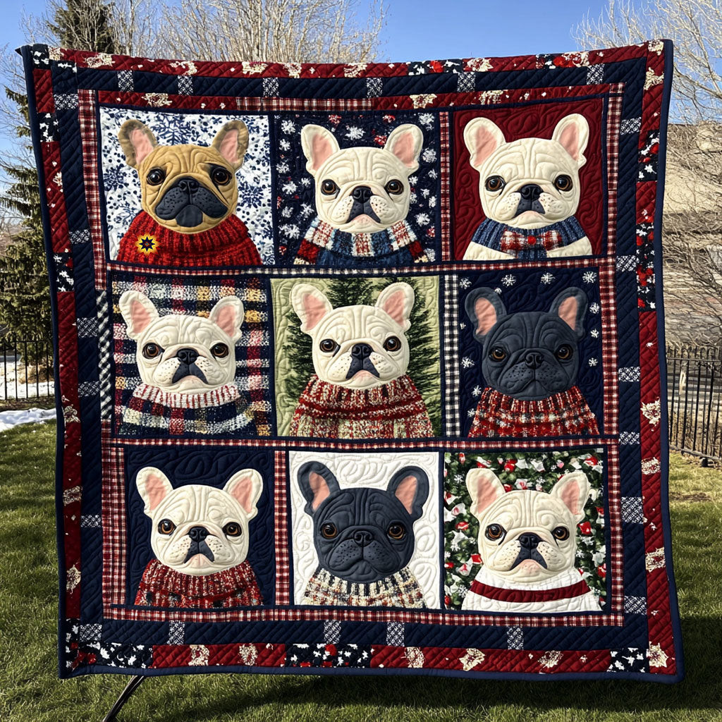 Winter French Bulldog Xmas Quilted Blanket Blanket Last Minute Christmas Gifts For Dog Lovers