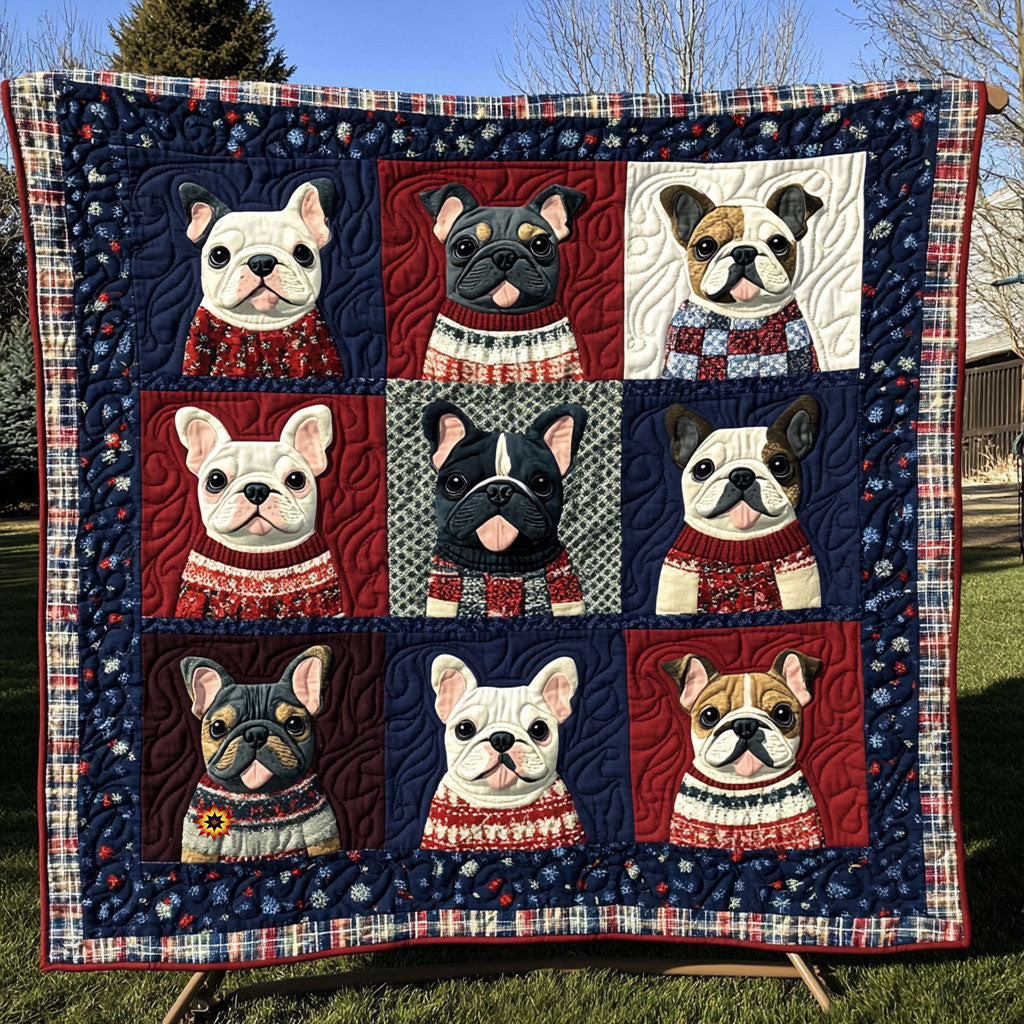 Winter French Bulldog Xmas Quilted Blanket Blanket Last Minute Christmas Gifts For Dog Owners
