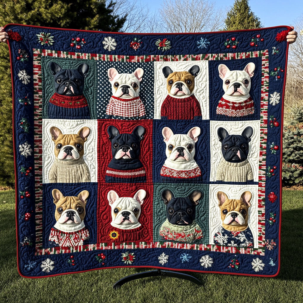 Winter French Bulldog Xmas Quilted Blanket Blanket Last Minute Christmas Gifts For Mom