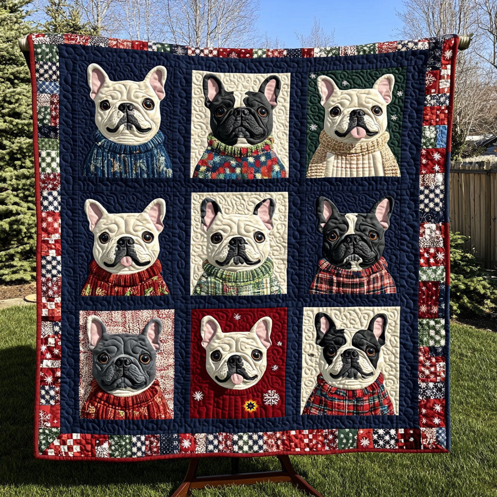 Winter French Bulldog Xmas Quilted Blanket Blanket Last Minute Christmas Gifts For Pet Lovers
