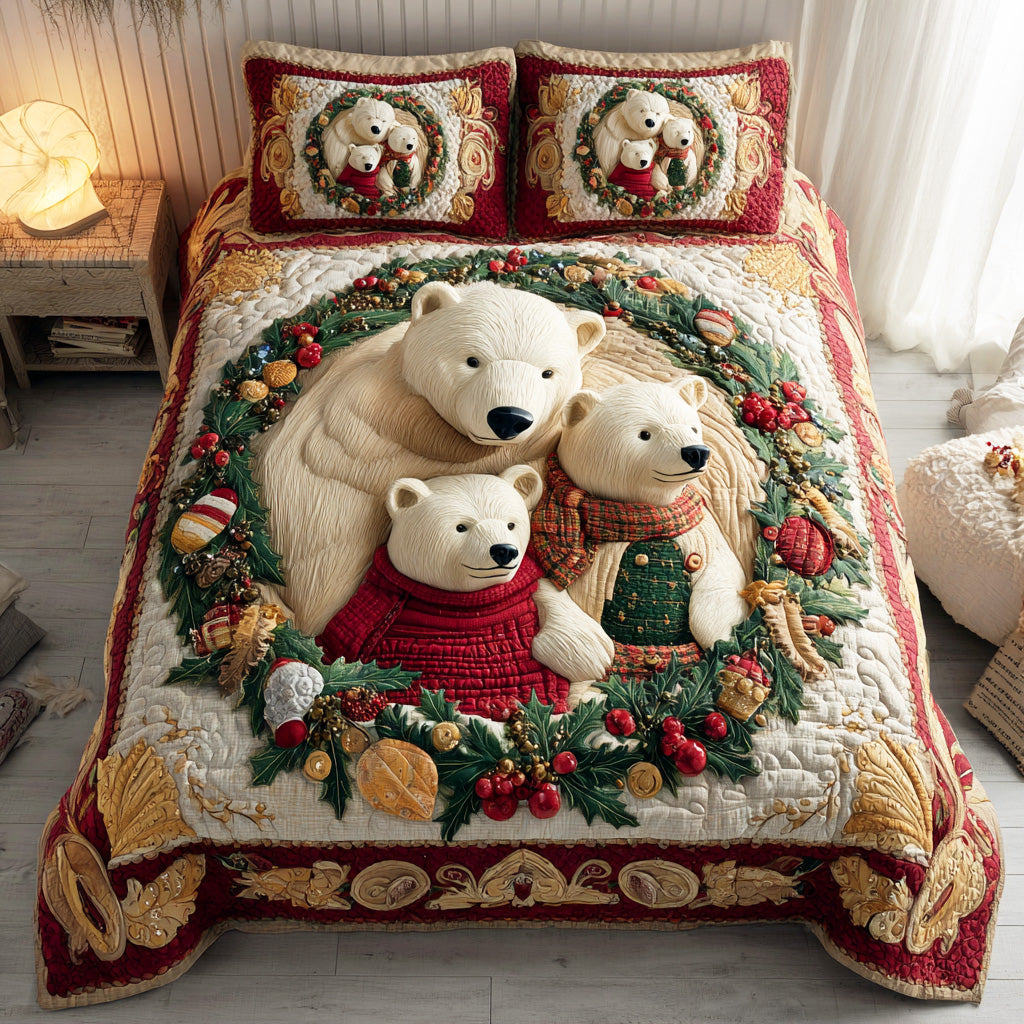 Winter Gathering Bear Quilted Bedding Set Xmas Duvet Cover Set Family Xmas Ideas