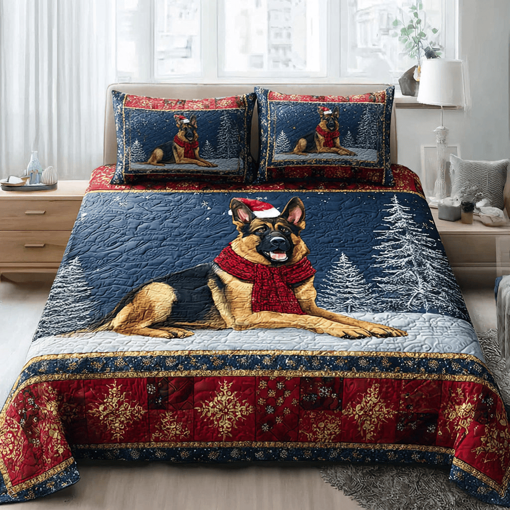 Winter German Shepherd Quilt Bedding Set King Size Quilt Best Christmas Gifts For Dad