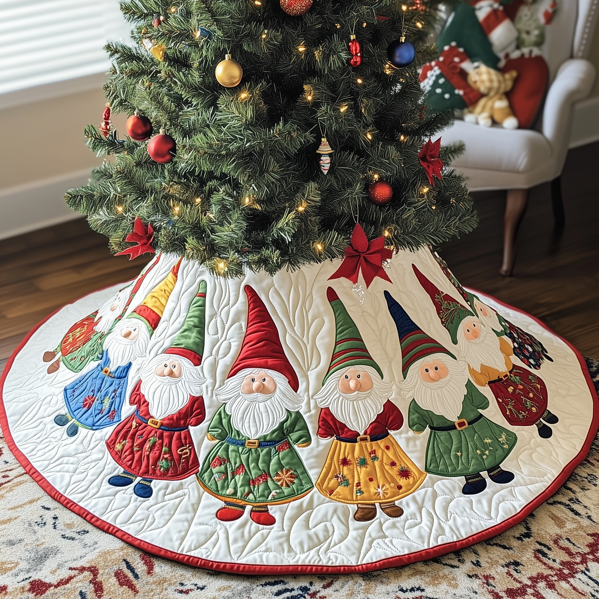 Winter Gnomes Quilted Tree Skirt Cozy Tree Skirt For Holiday Decor