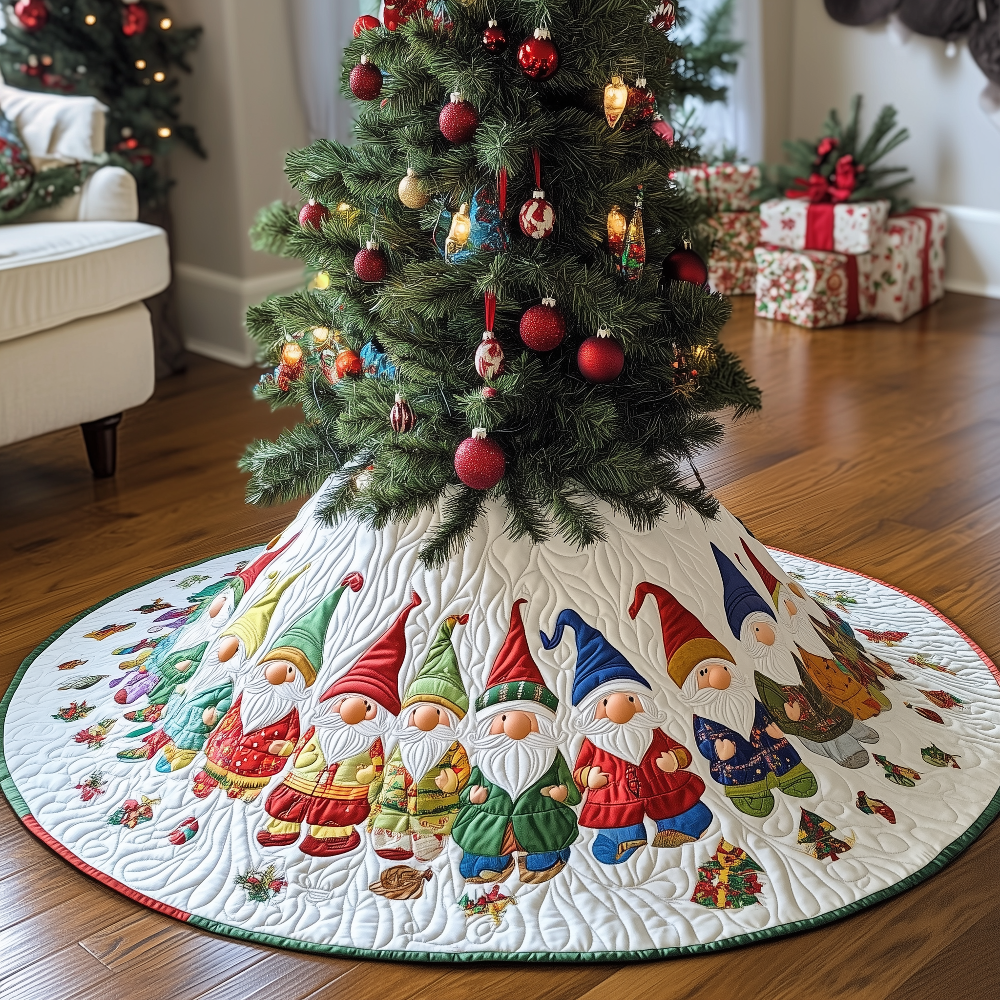 Winter Gnomes Quilted Tree Skirt Indoor Tree Decorations Gnome Gifts For Christmas Holiday