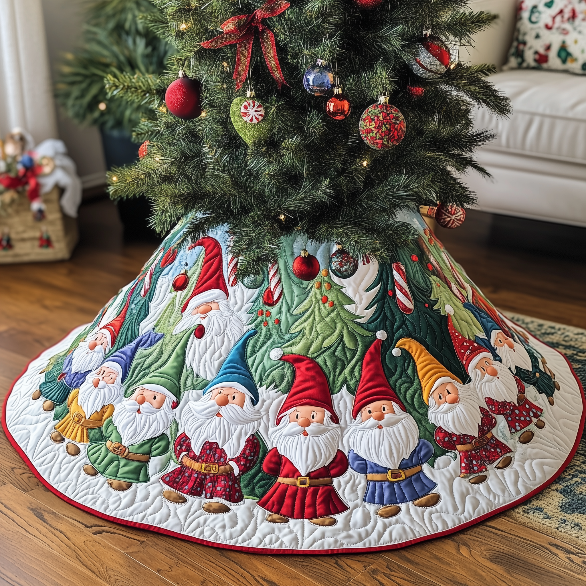 Winter Gnomes Quilted Tree Skirt Indoor Tree Decorations Gnome Gifts For Christmas Holiday