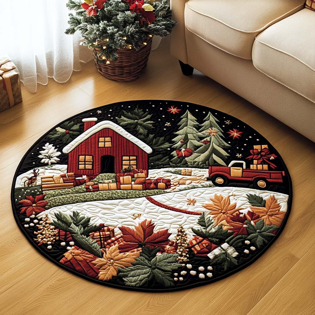 Winter Harvest Road Quilted Round Mat Unique Front Door Decor Christmas Presents For Deer Hunters