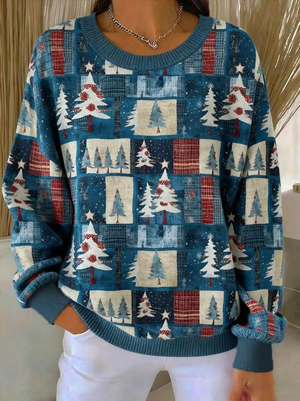 Winter Holiday Pine Tree Patchwork Sweatshirt Cozy Christmas Holiday Presents For Her