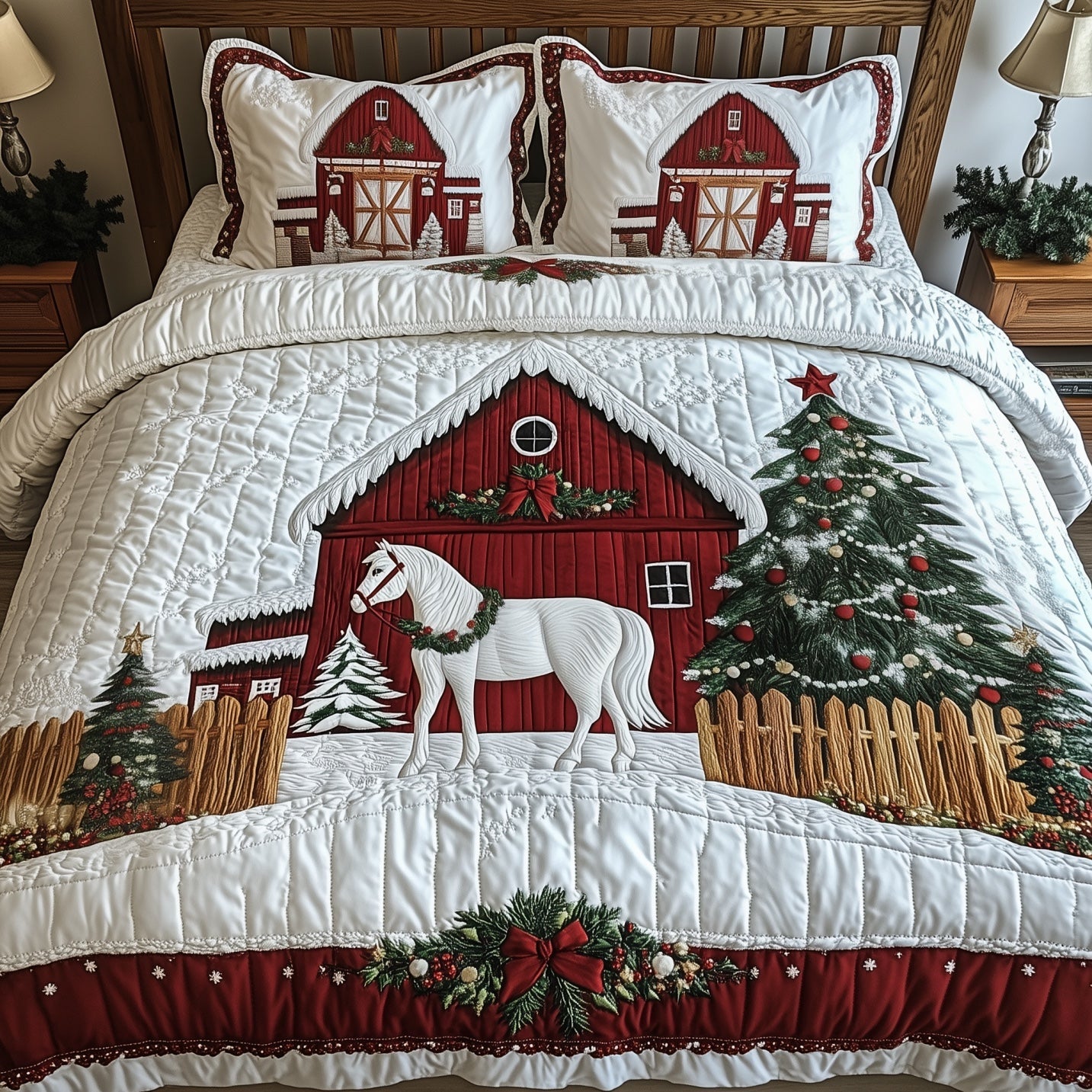 Winter Horse Barn Christmas Quilted Bedding Set Duvet Cover Bedspread Festive Winter Horse Theme Gift Ideas