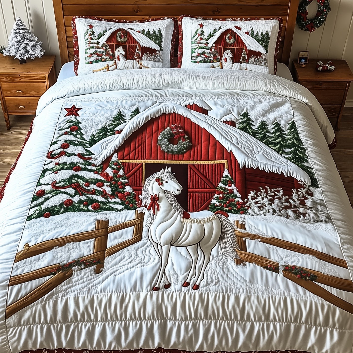 Winter Horse Barn Christmas Quilted Bedding Set Duvet Cover Bedspread Festive Winter Horse Theme Gifts