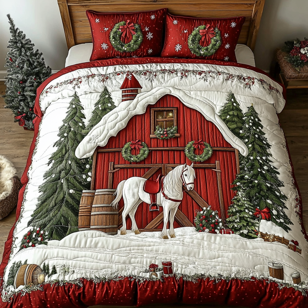 Winter Horses Quilted Bedding Set Christmas Duvet Cover Gift Ideas For Horse Owners