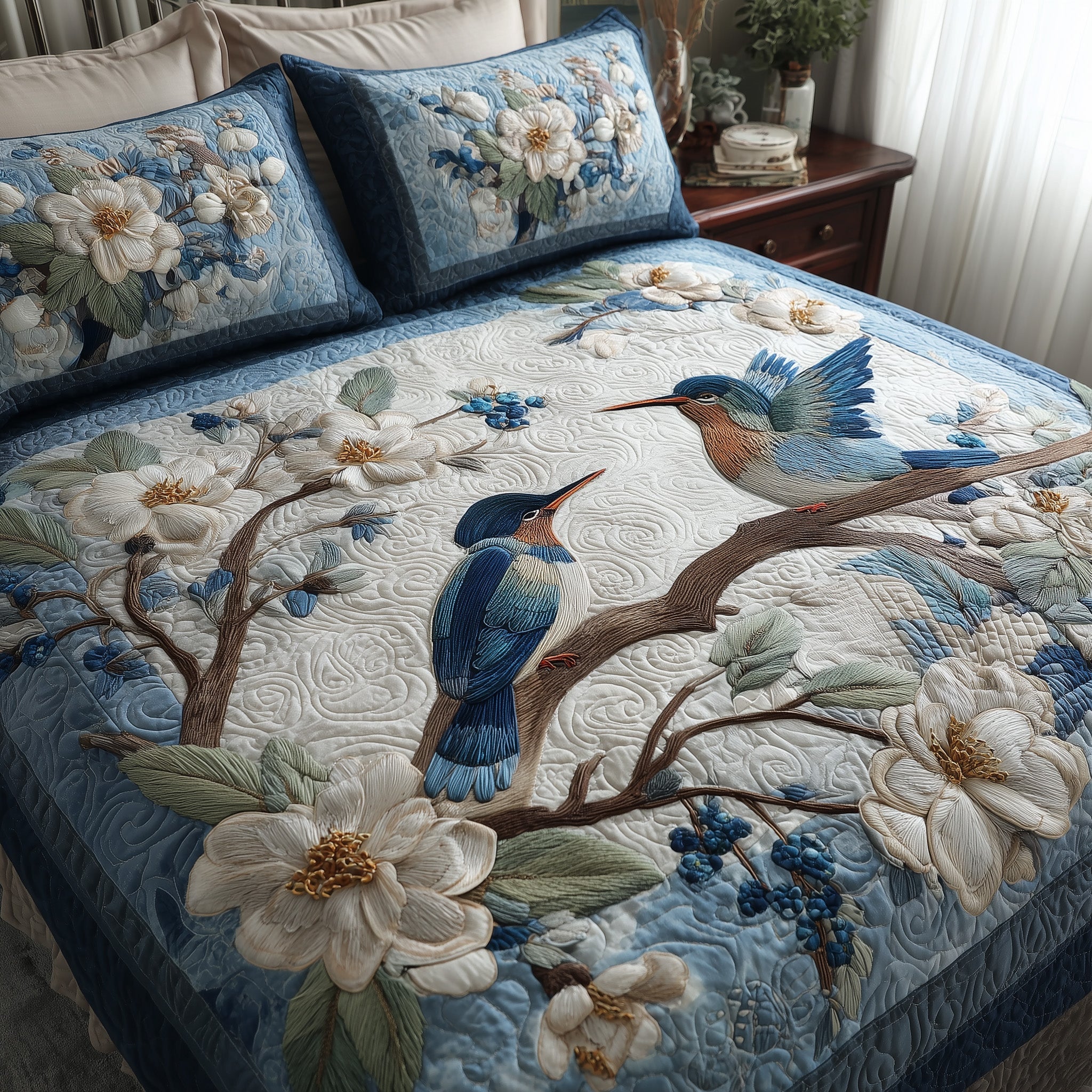 Winter Hummingbird Love Quilted Bedding Set Bohemian Vibe