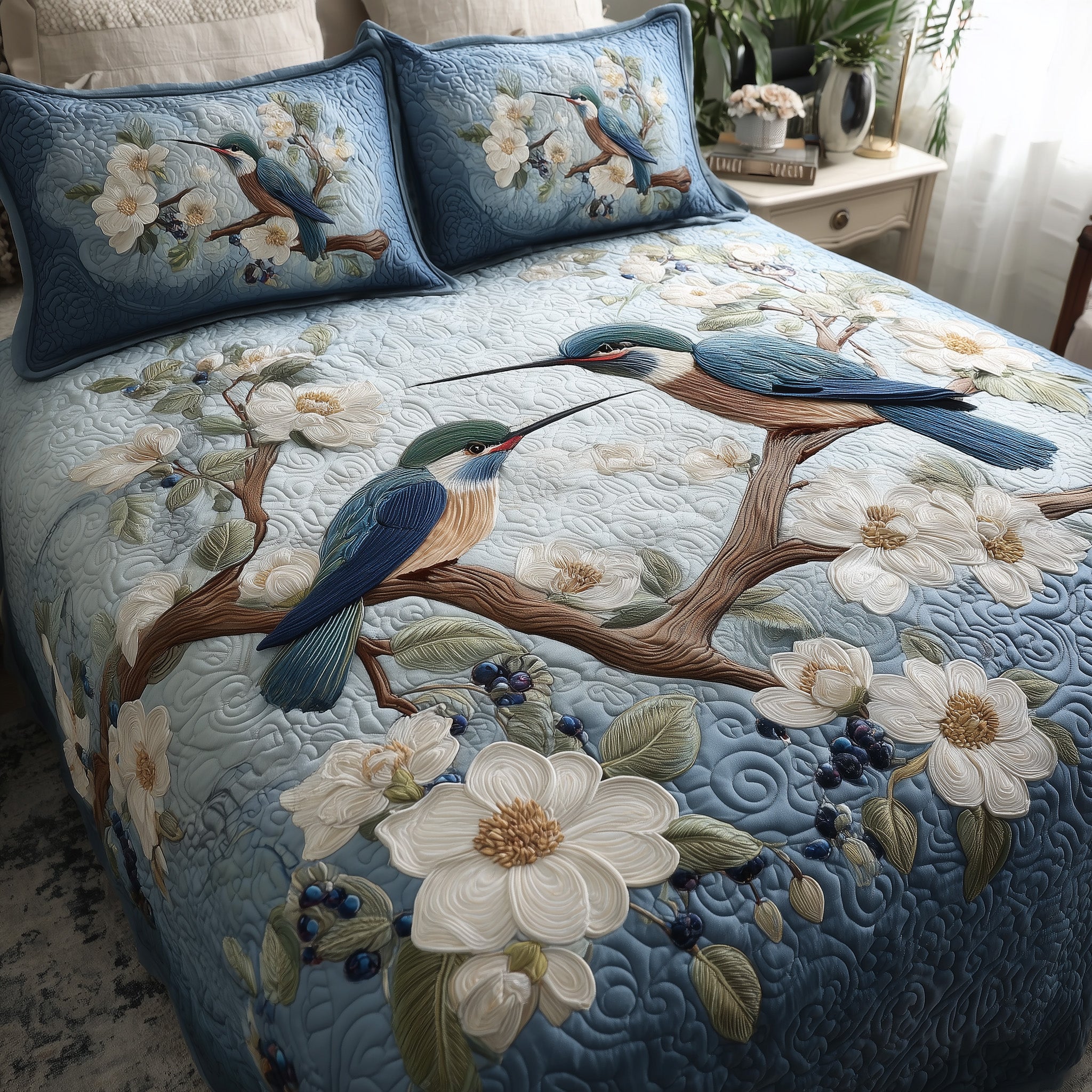 Winter Hummingbird Love Quilted Bedding Set Solid Color