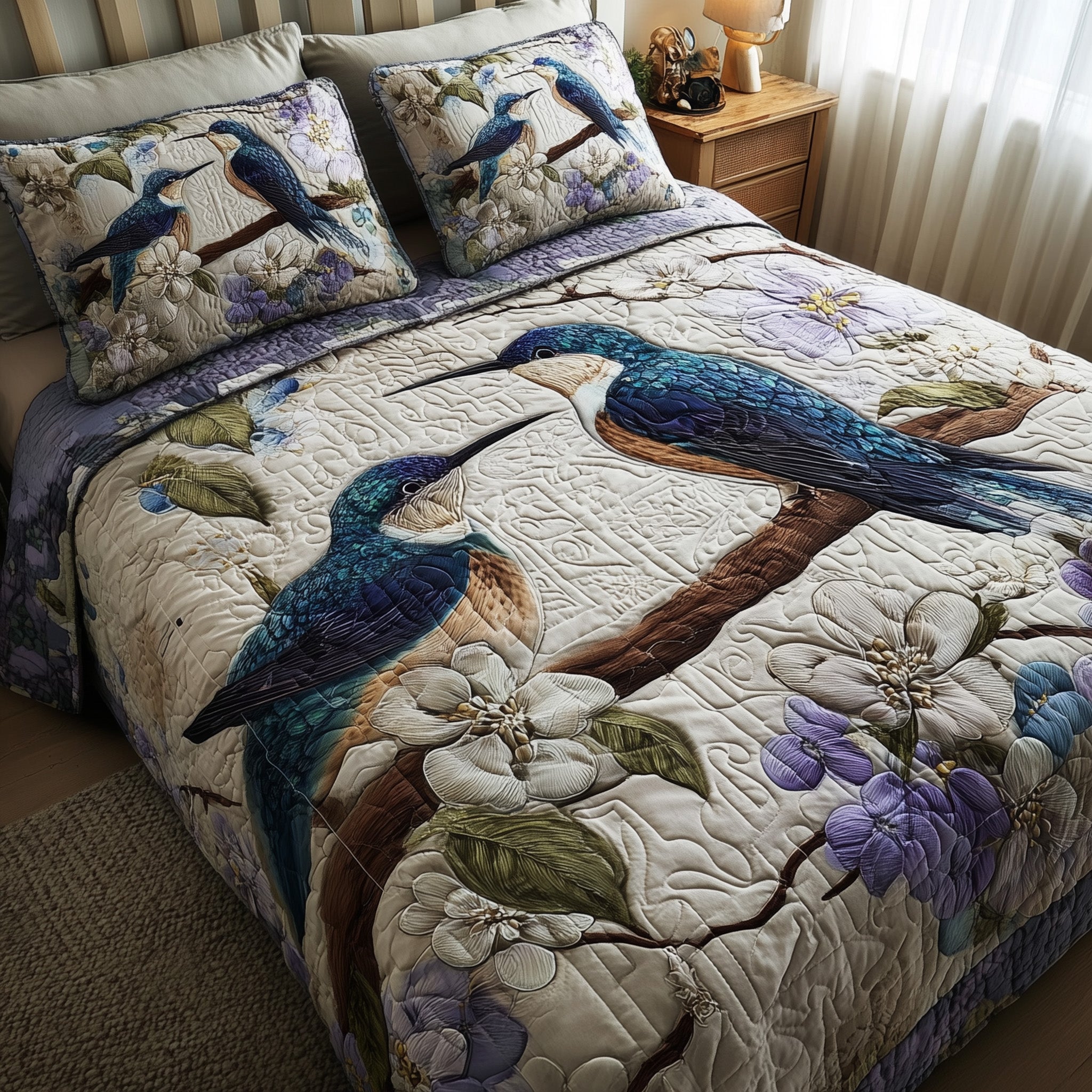 Winter Hummingbird Love Quilted Bedding Set Striped Design