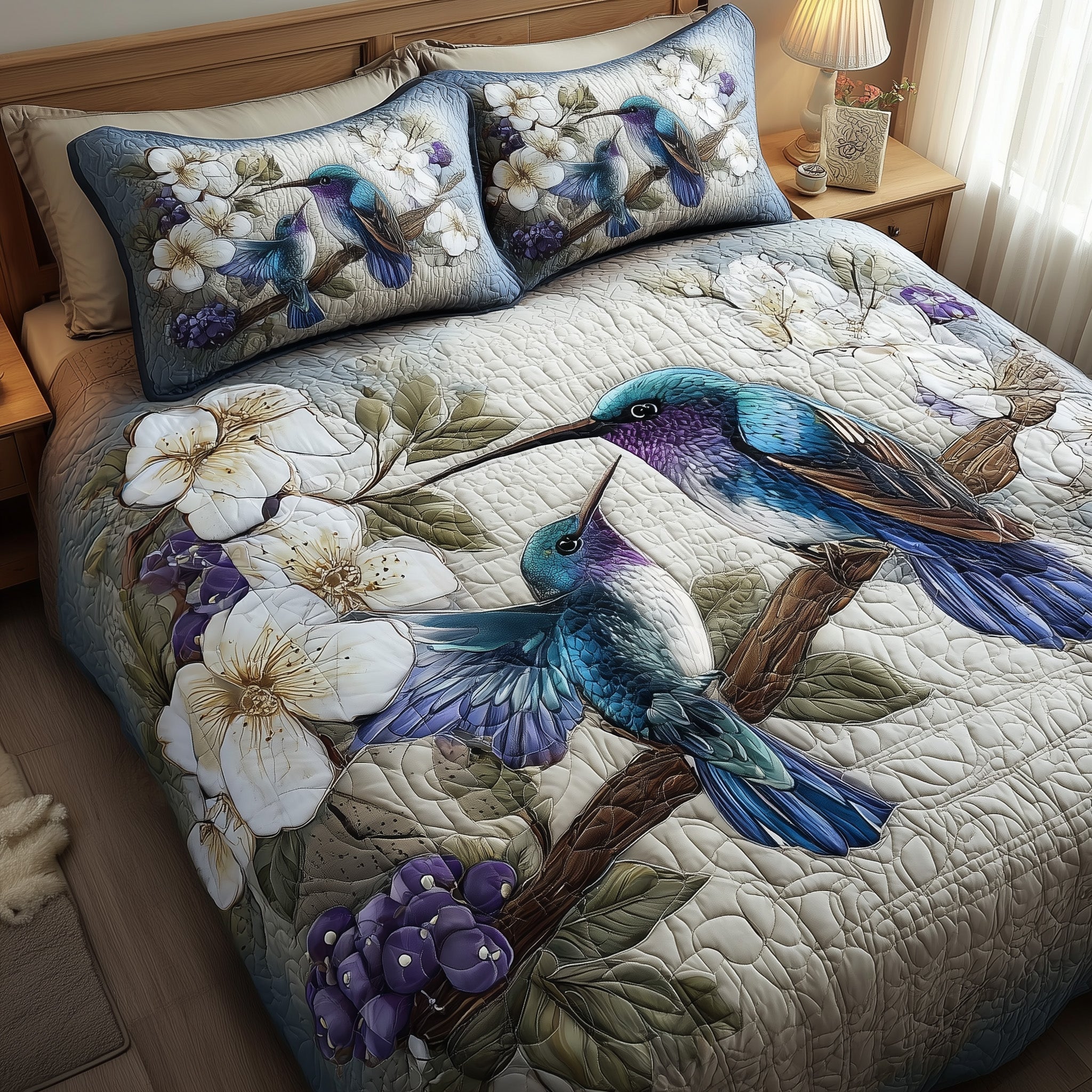 Winter Hummingbird Love Quilted Bedding Set Unique Pattern