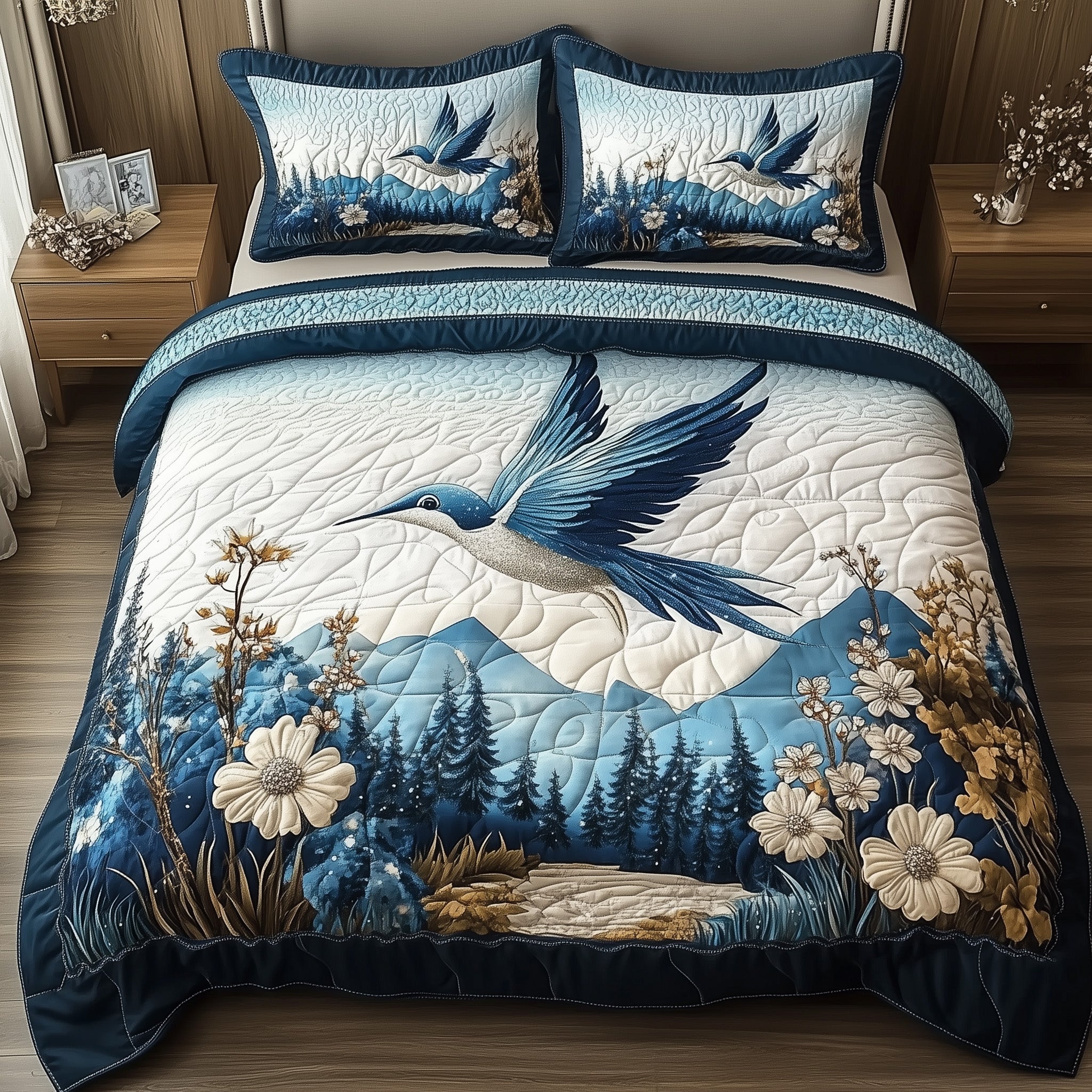 Winter Hummingbird Quilted Bedding Set Duvet Cover Bed Sheet Hummingbird Themed Gift Items