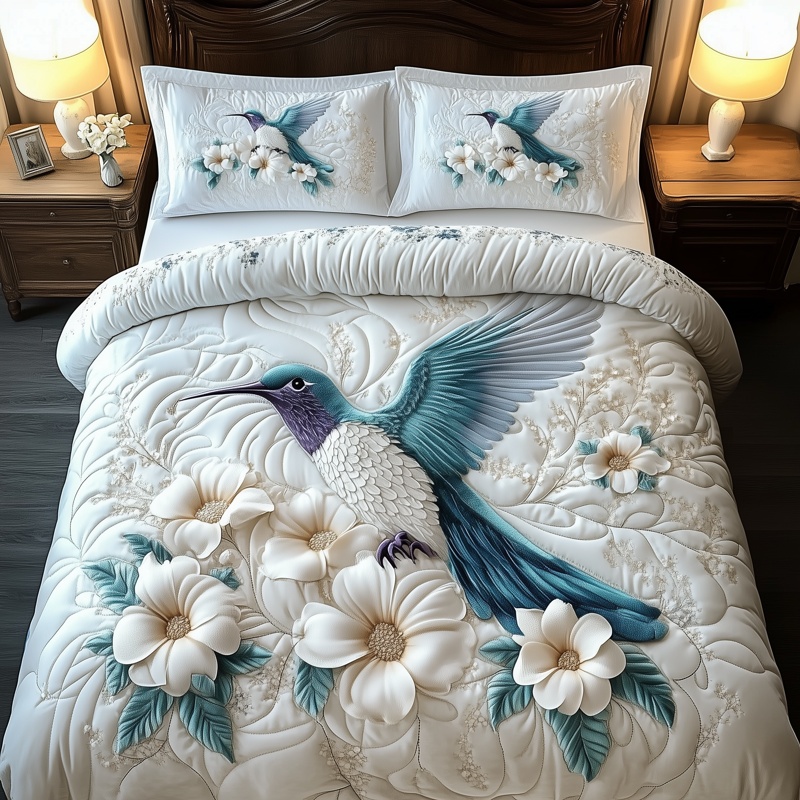 Winter Hummingbird Quilted Bedding Set Holiday Bird Bedroom Decor Gift For Bird Lovers