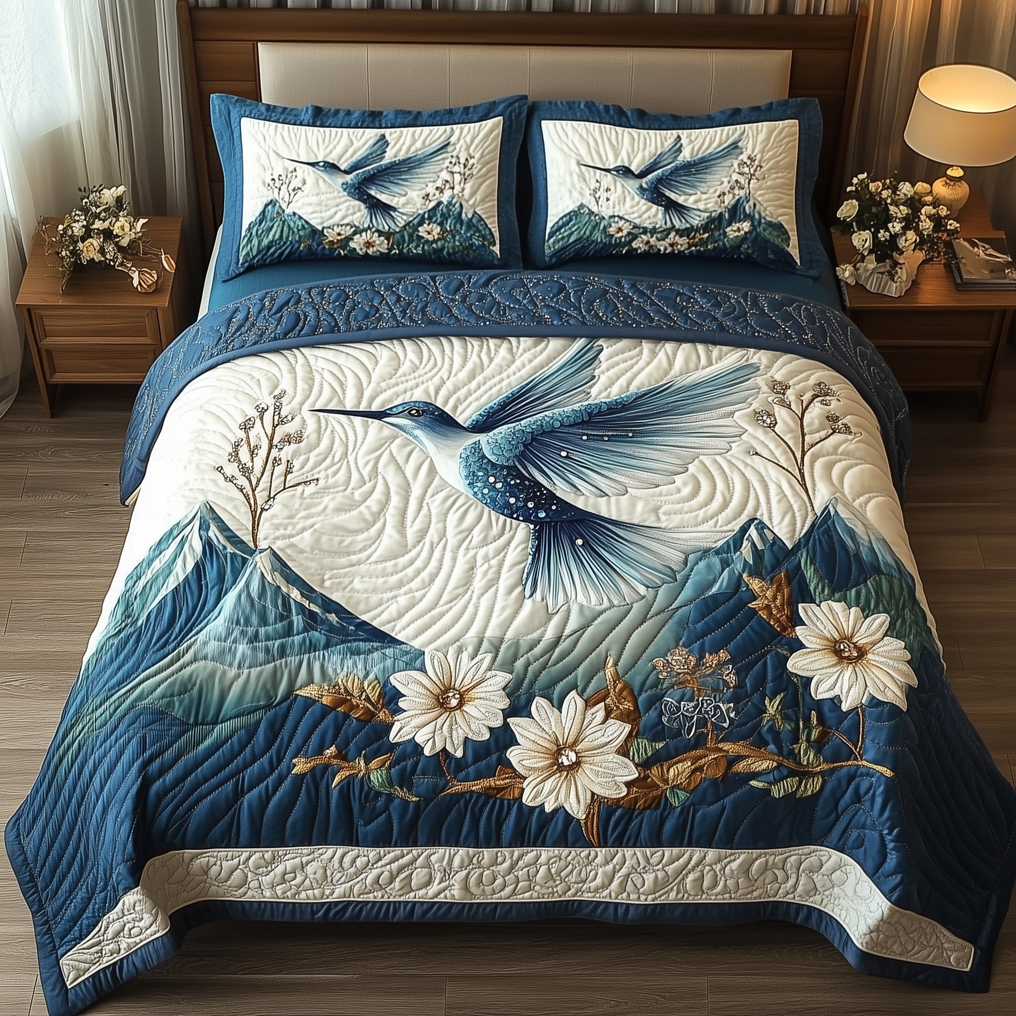 Winter Hummingbird Quilted Bedding Set Snowy Bird Bedroom Decor Best Gift For Bird Lovers