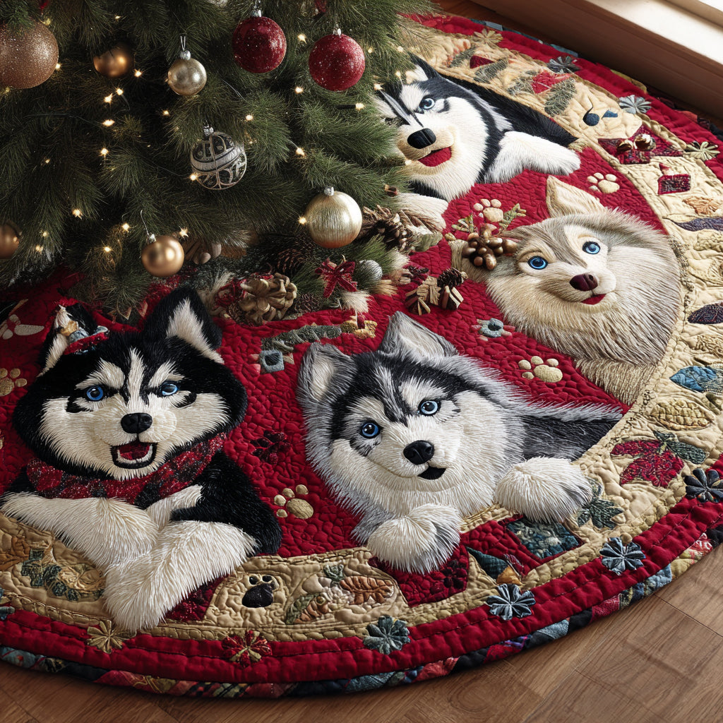 Winter Husky Magic Quilted Christmas Tree Skirt Xmas Tree Bottom Cover Husky Christmas Tree Decoration