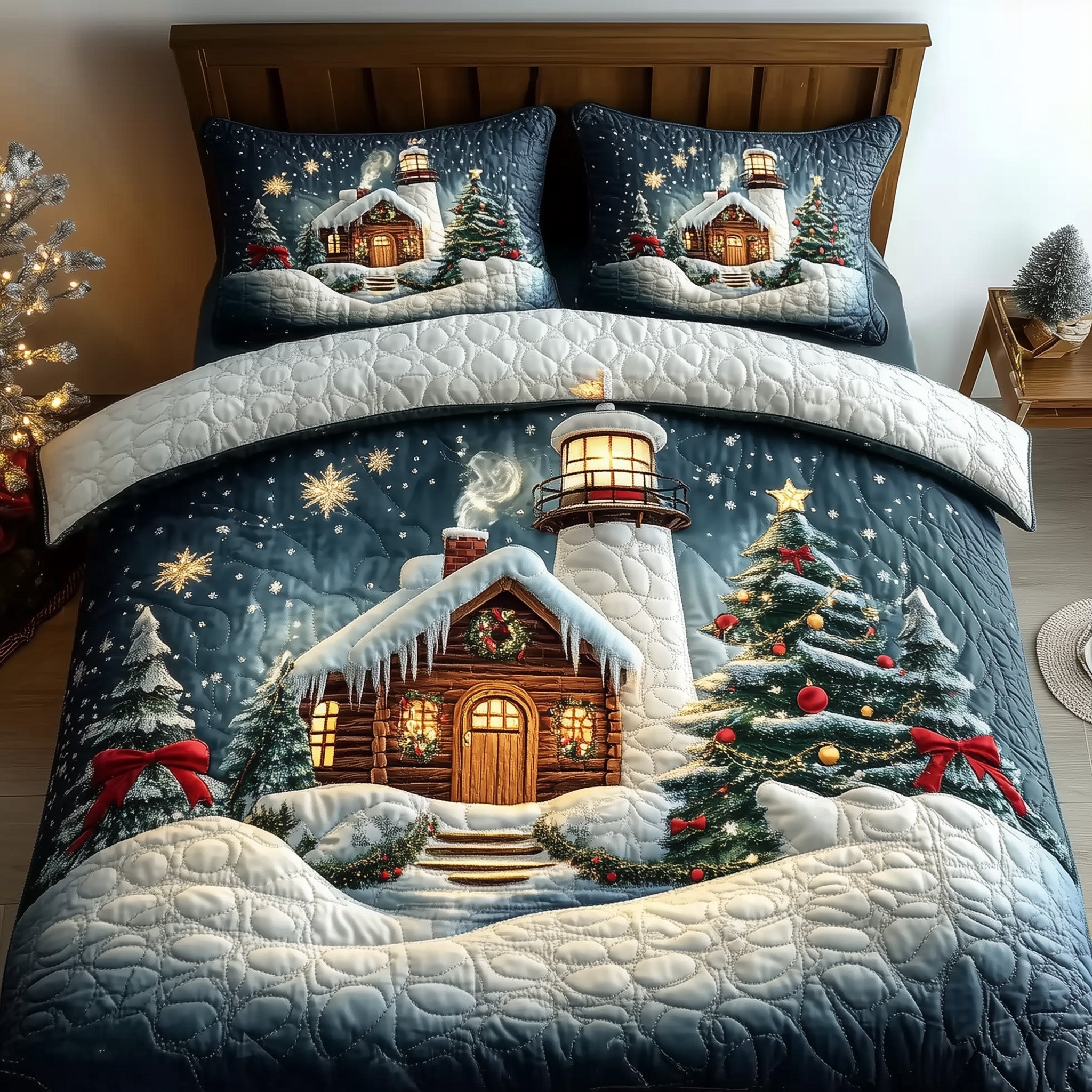 Winter Lighthouse Christmas Quilted Bedding Set Duvet Cover Bedspread Cozy Winter Xmas Gifts