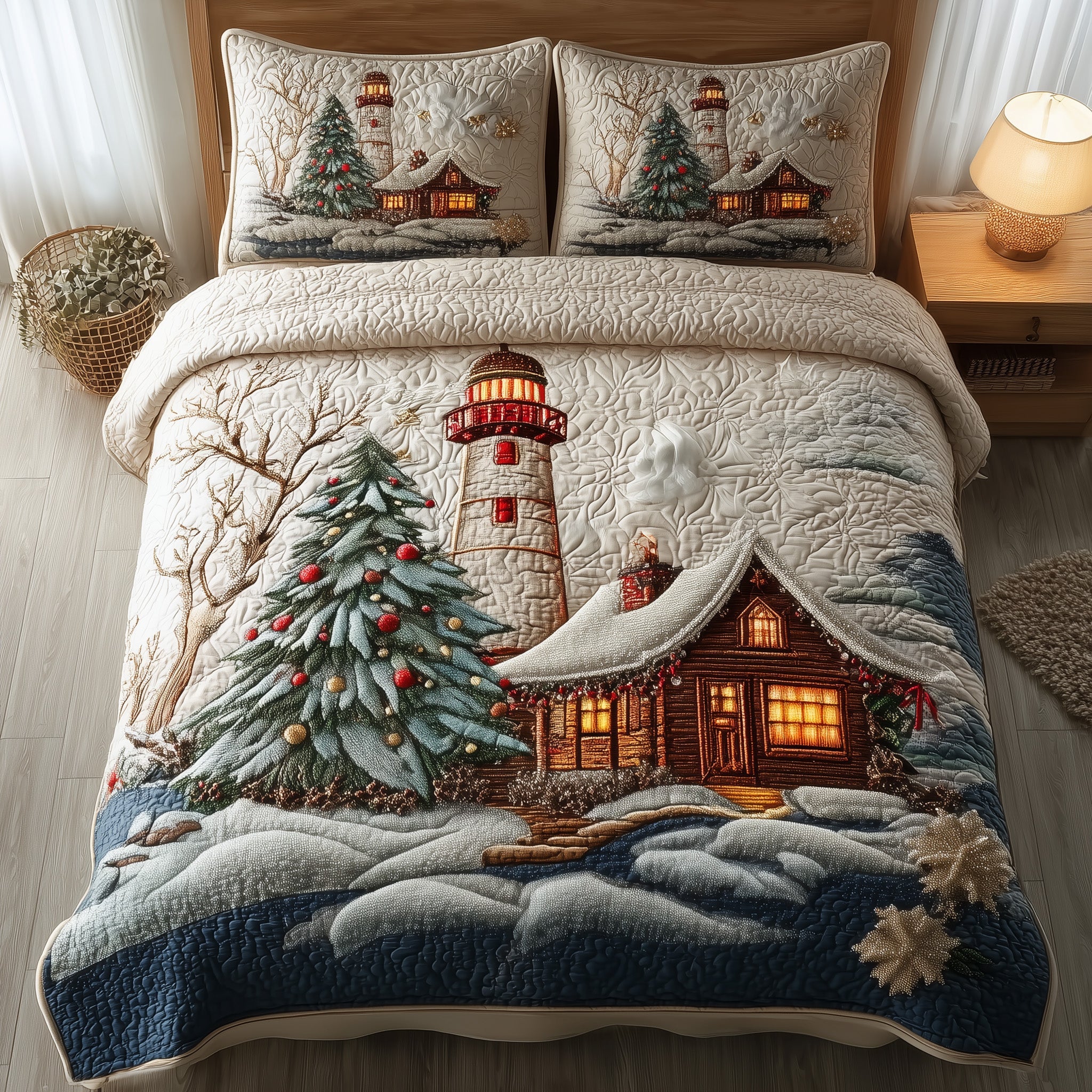 Winter Lighthouse Christmas Quilted Bedding Set Duvet Cover Bedspread Xmas Gifts For Her