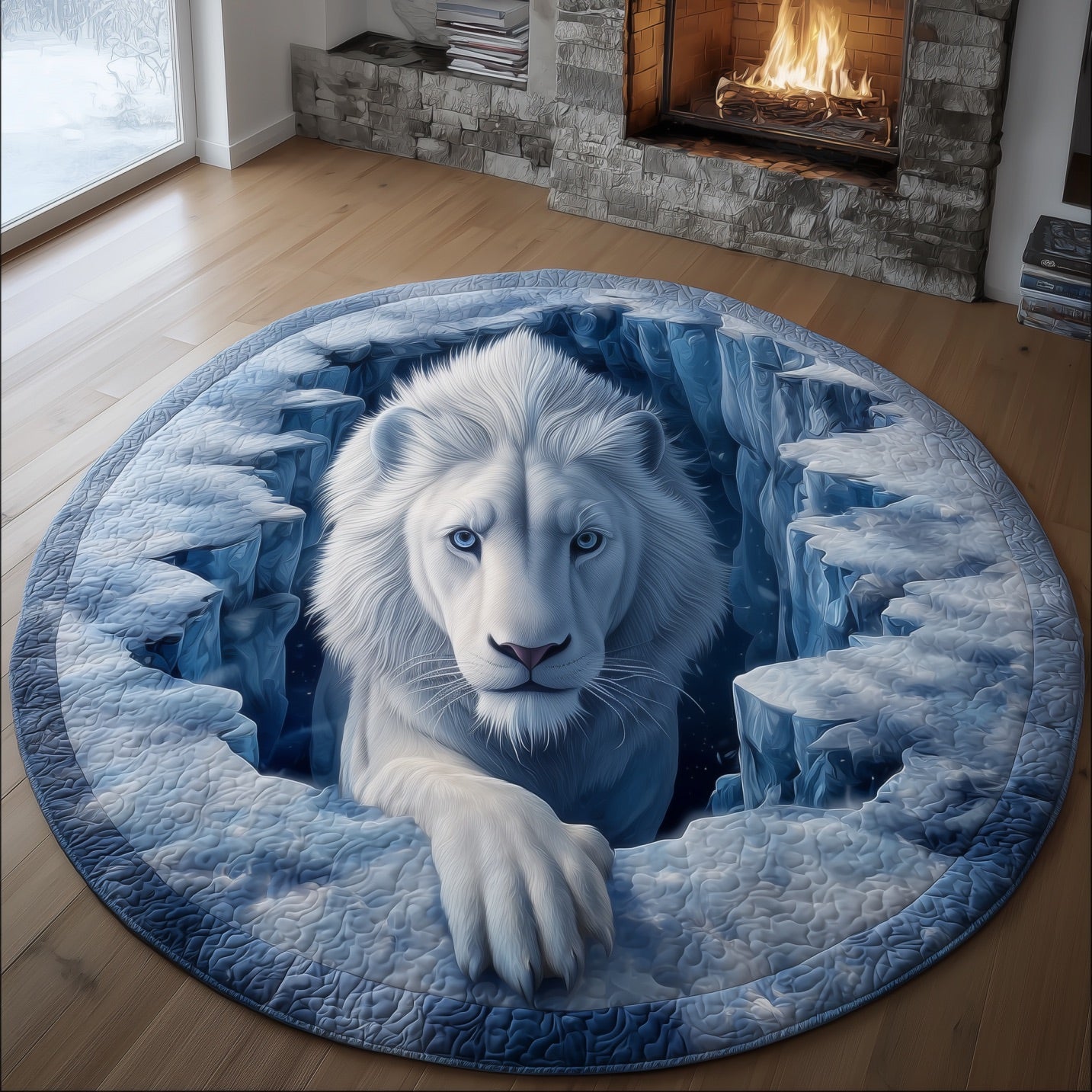 Winter Lion Quilted Round Mat Soft Cotton Quilted Round Mat for Daily Comfort