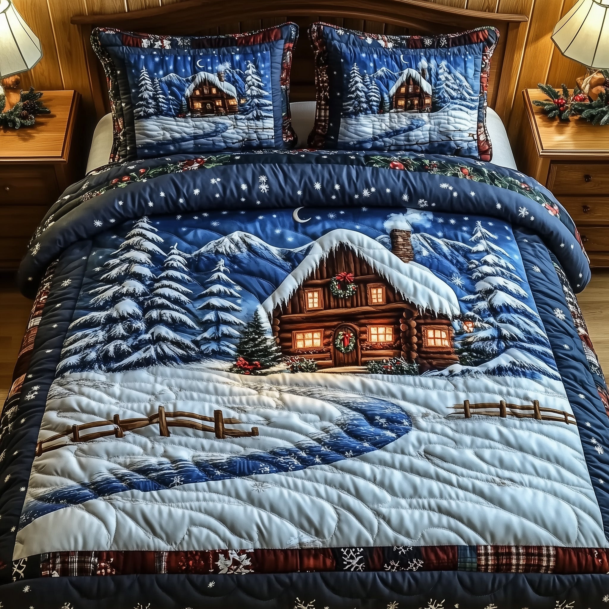 Winter Log Cabin Christmas Christmas Quilted Bedding Set Duvet Cover Bedspread Winter Holiday Present Ideas
