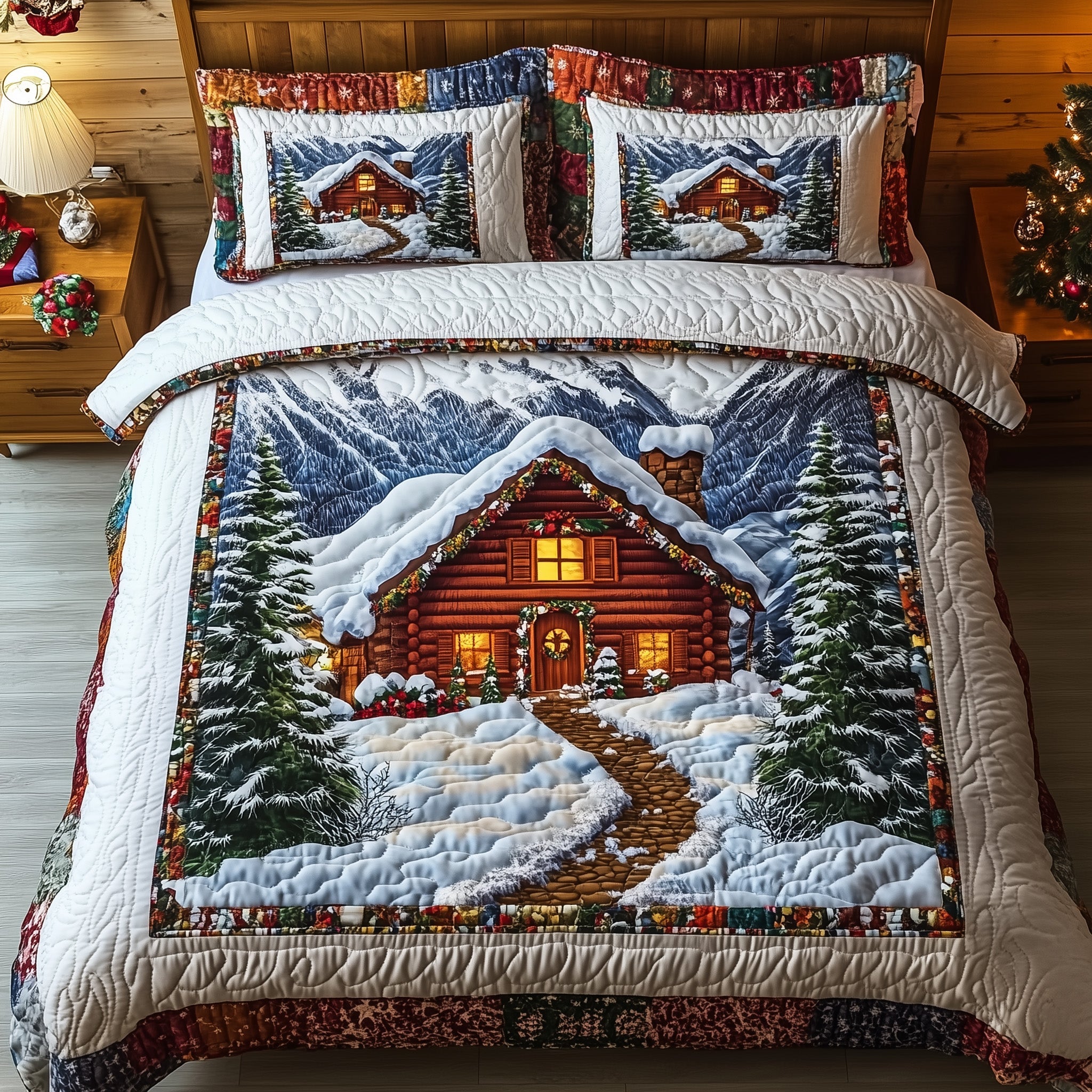 Winter Log Cabin Christmas Quilted Bedding Set Duvet Cover Bedspread Winter Holiday Gifts For Friends