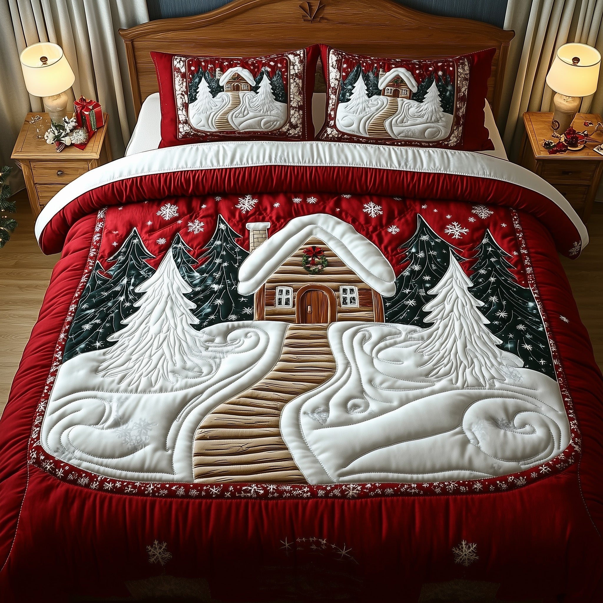 Winter Log Cabin Christmas Quilted Bedding Set Duvet Cover Bedspread Winter Holiday Gifts For Wife