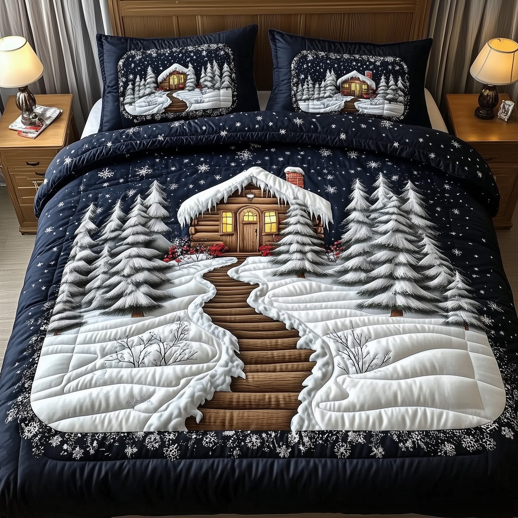 Winter Log Cabin Christmas Quilted Bedding Set Duvet Cover Bedspread Xmas Winter Holiday Gifts For Her