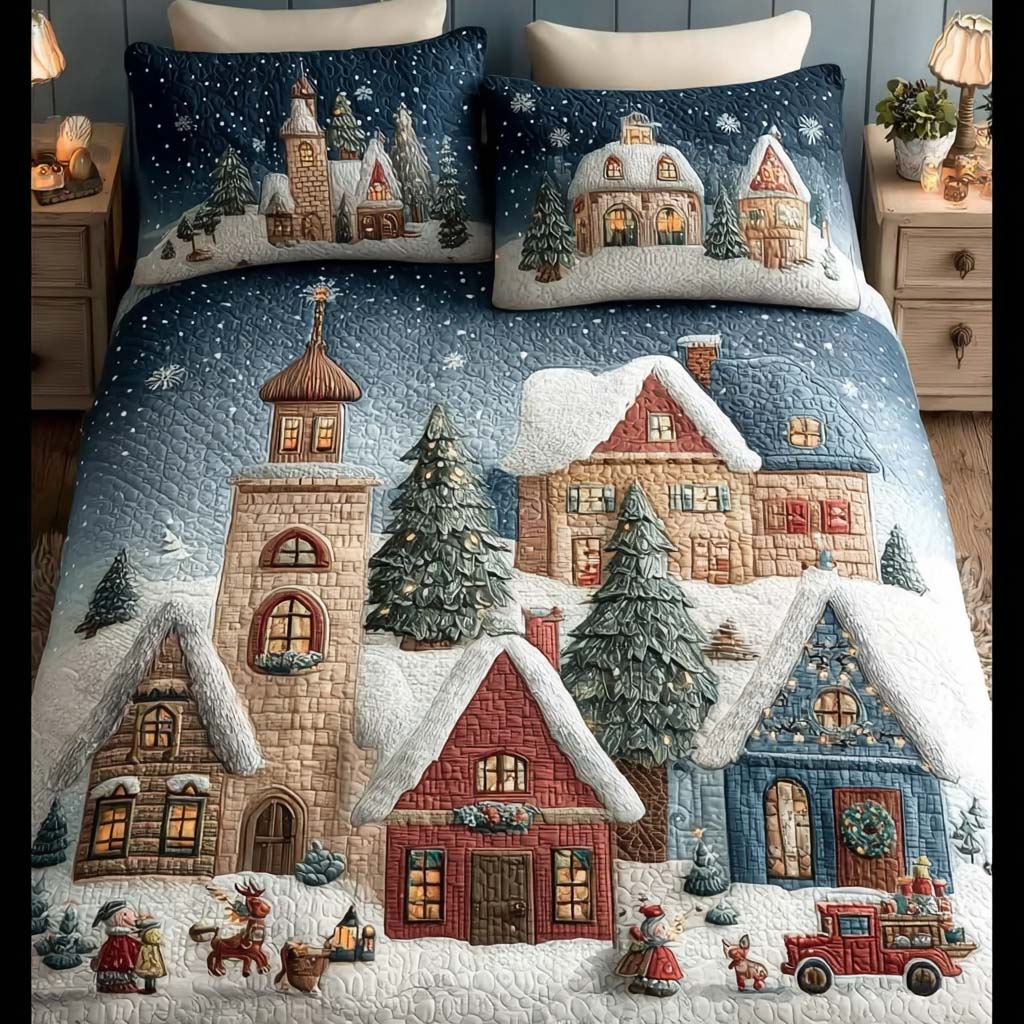 Winter Magic Town Quilted Bedding Set Twin Duvet Covers Holiday Cheer Gift For Sister