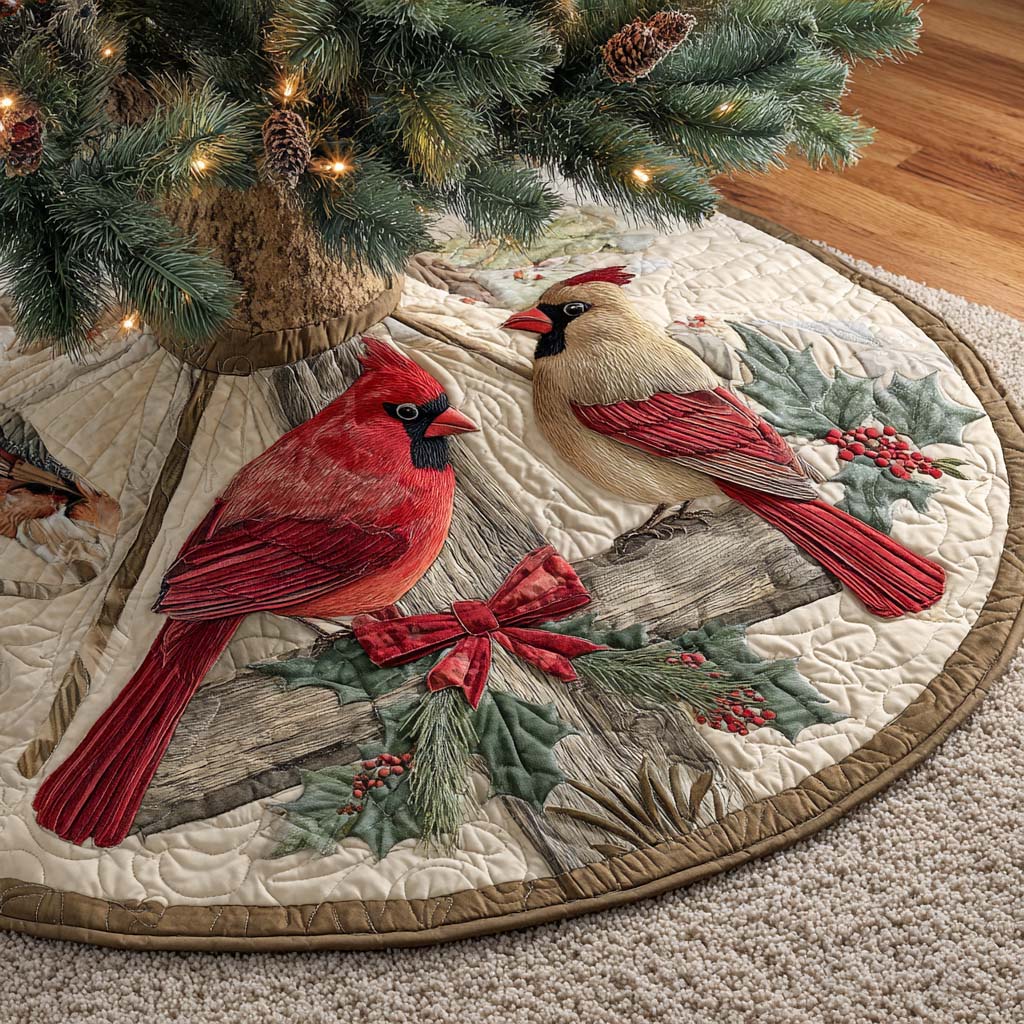 Winter Meadow Duet Quilted Tree Skirt Cover For Xmas Tree Base Unique Cardinal Bird Gifts