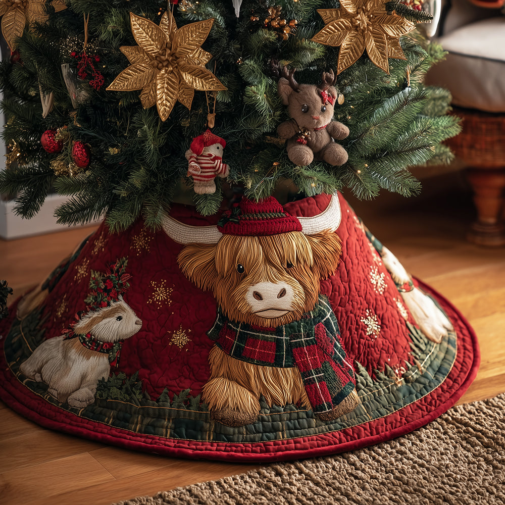 Winter Meadow Merriment Christmas Quilted Tree Skirt Xmas Indoor Decorations Highland Cow Presents