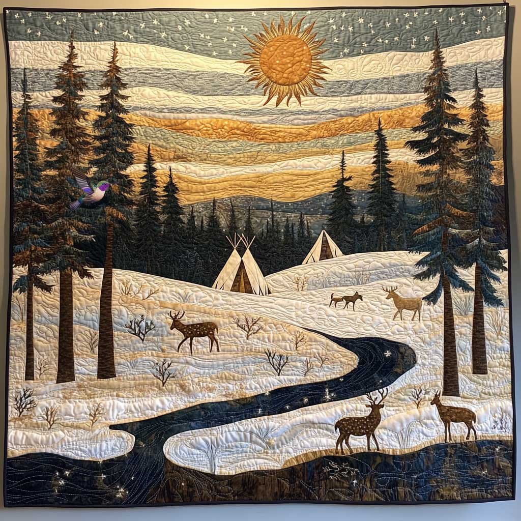 Winter Native American Forest Xmas Quilted Blanket Coolf Gifts For Older Couples