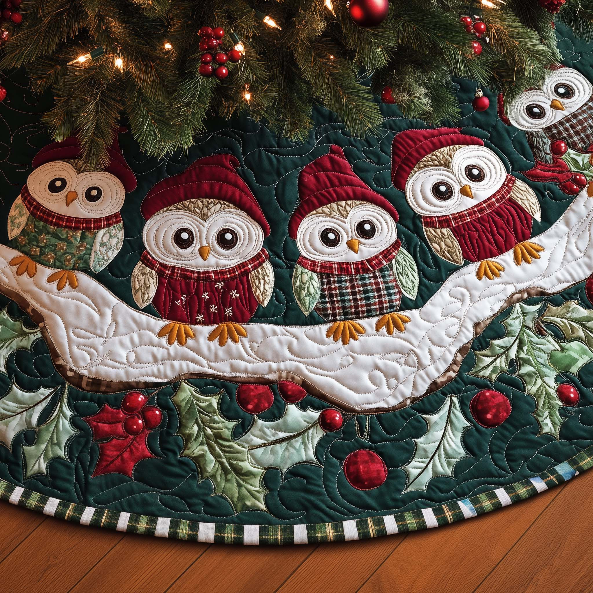 Winter Night Owls Quilted Tree Skirt Christmas Room Decor Cute Owl Themed Gifts