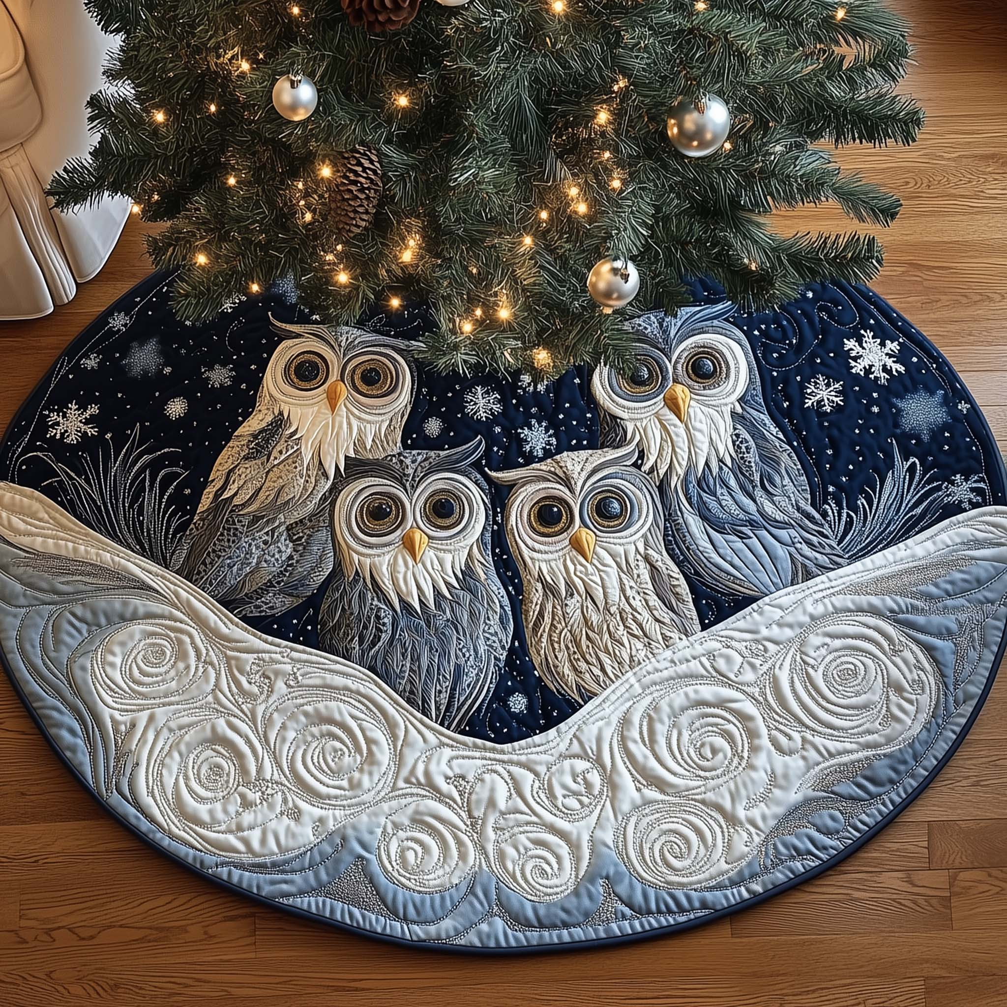 Winter Night Owls Quilted Tree Skirt Christmas Room Decor Owl Lovers Gifts For Him