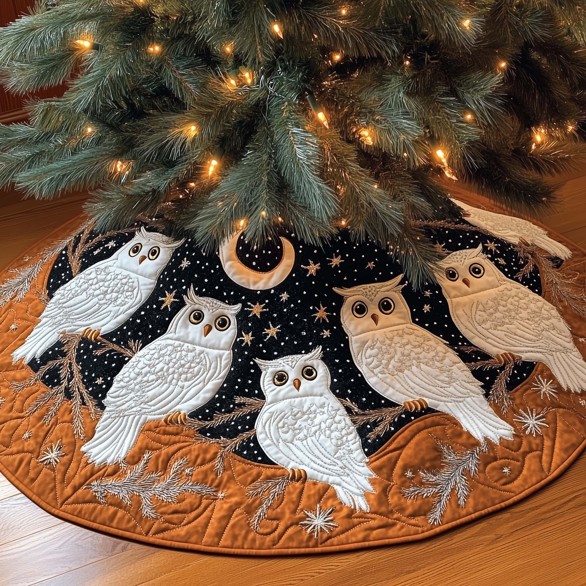 Winter Night Owls Quilted Tree Skirt Unique Decoration Xmas Owl Merchandise Items