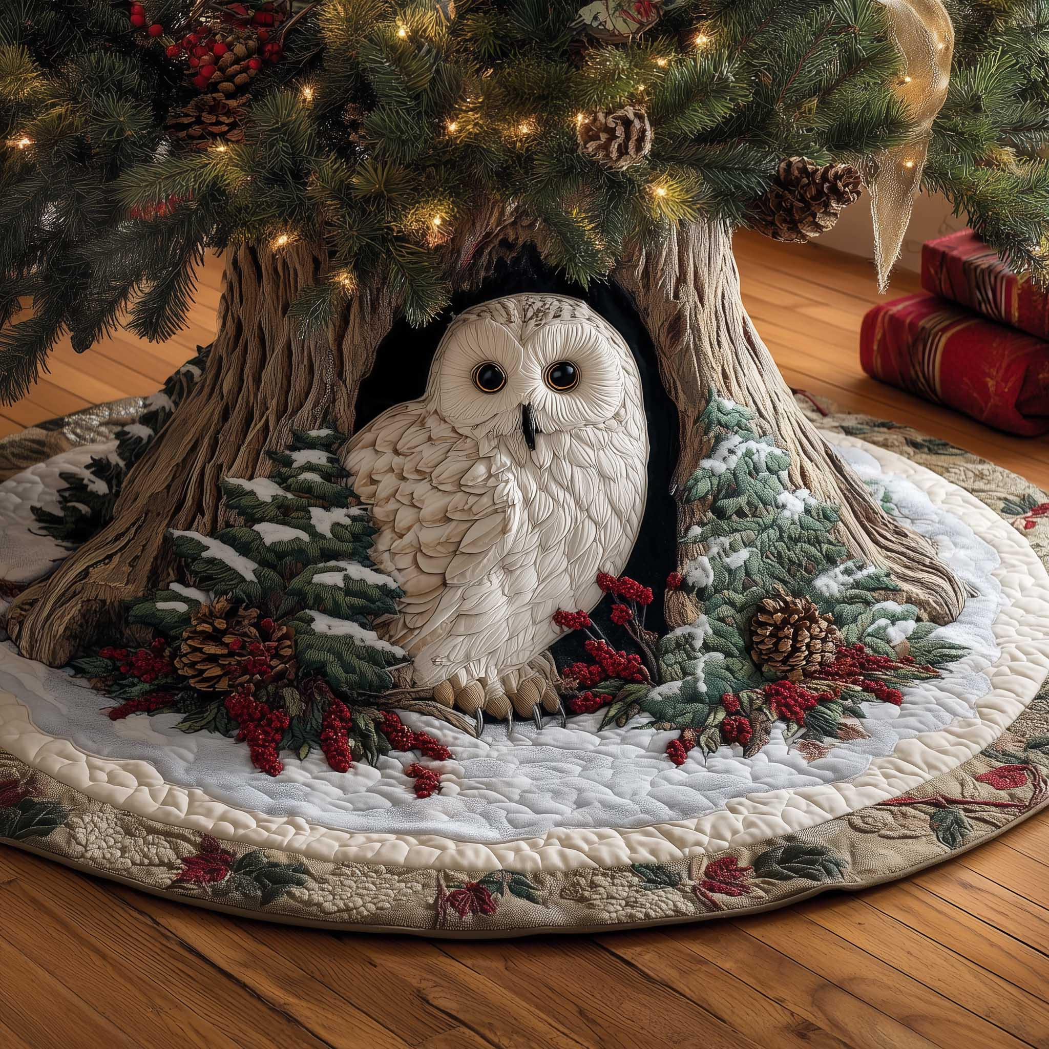 Winter Owl Christmas Quilted Tree Skirt Cozy Xmas Tree Base Cover Decor Owl Gifts For Dad
